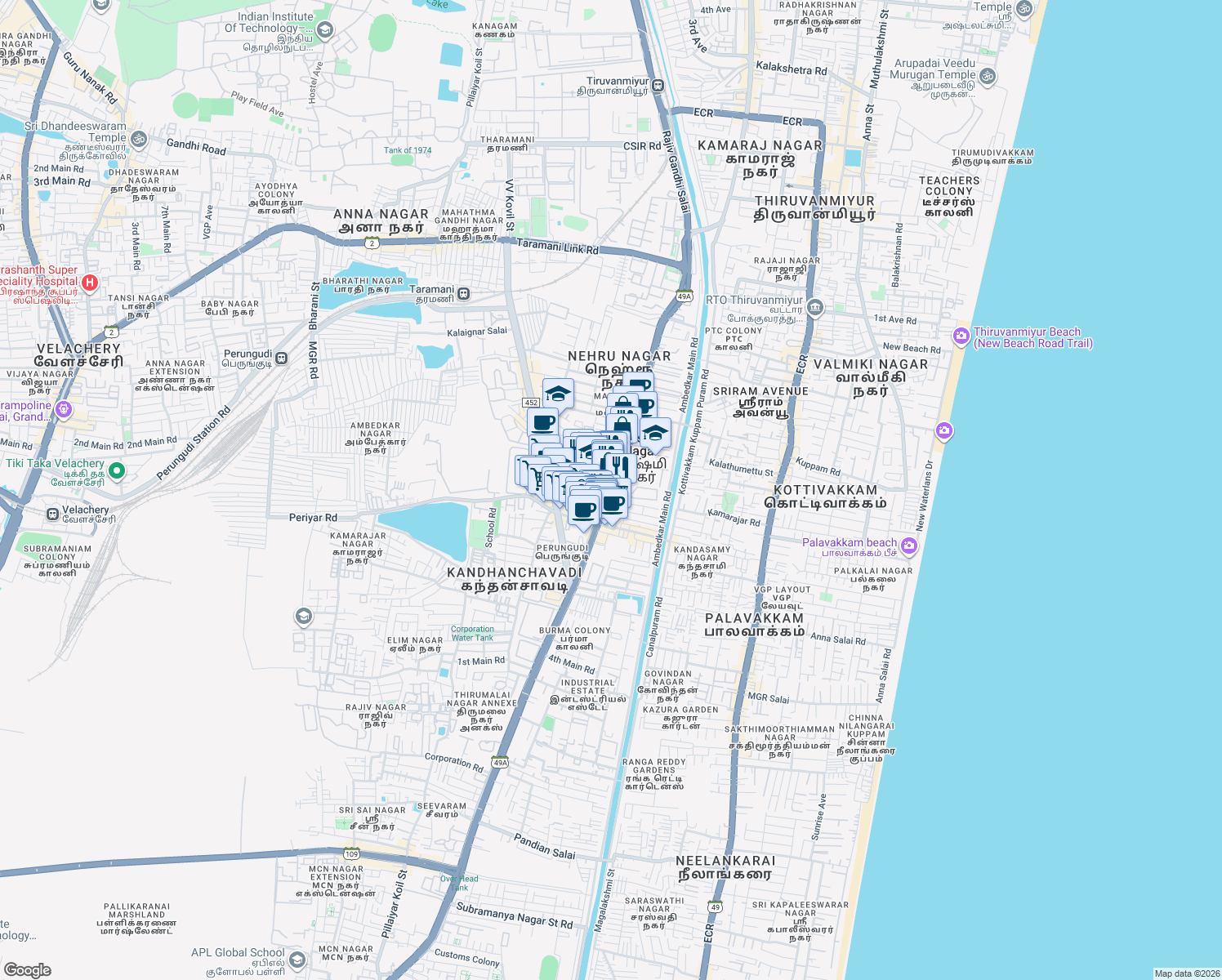 map of restaurants, bars, coffee shops, grocery stores, and more near 286/1 Old Mahabalipuram Road in Chennai
