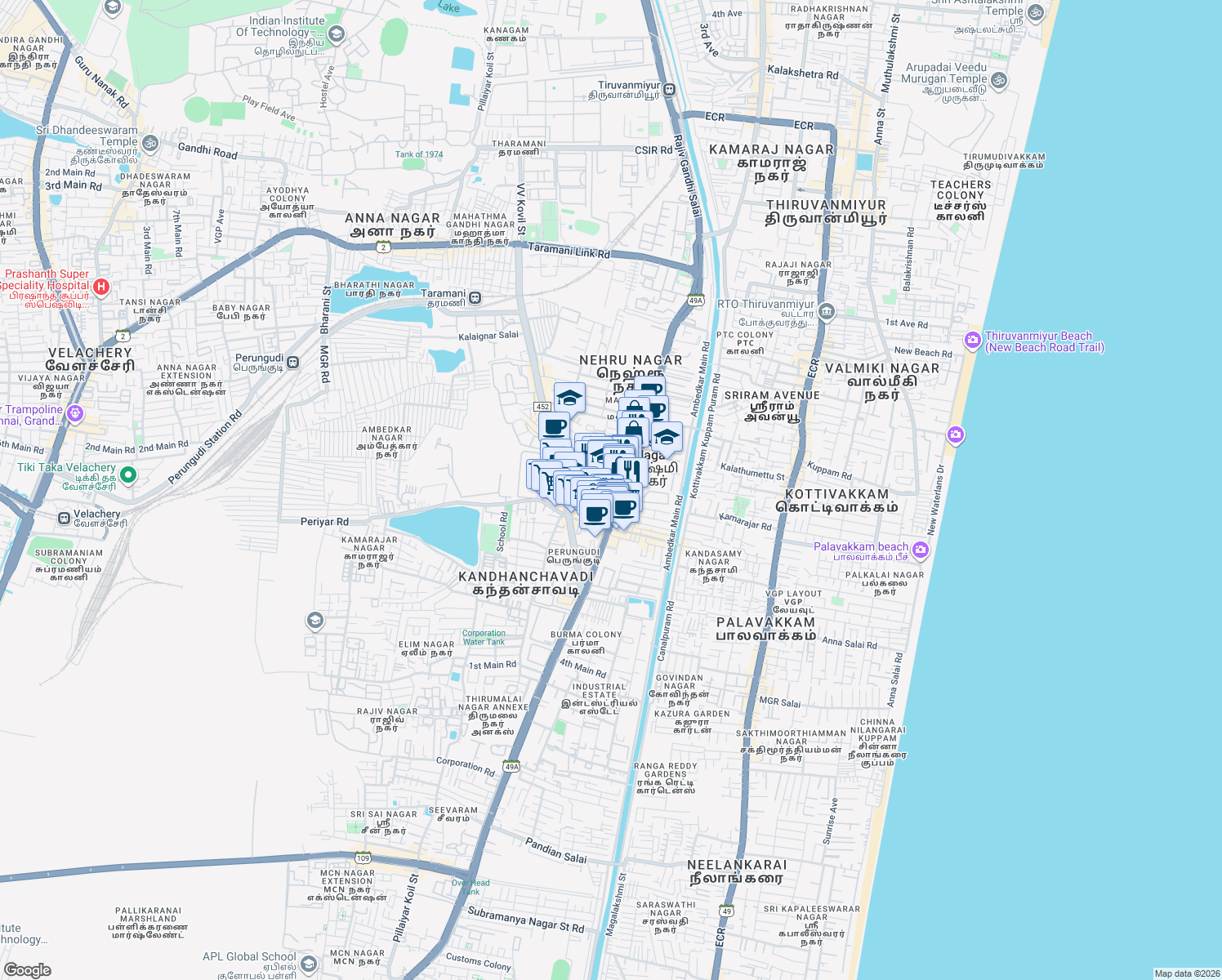 map of restaurants, bars, coffee shops, grocery stores, and more near 286/1 Old Mahabalipuram Road in Chennai