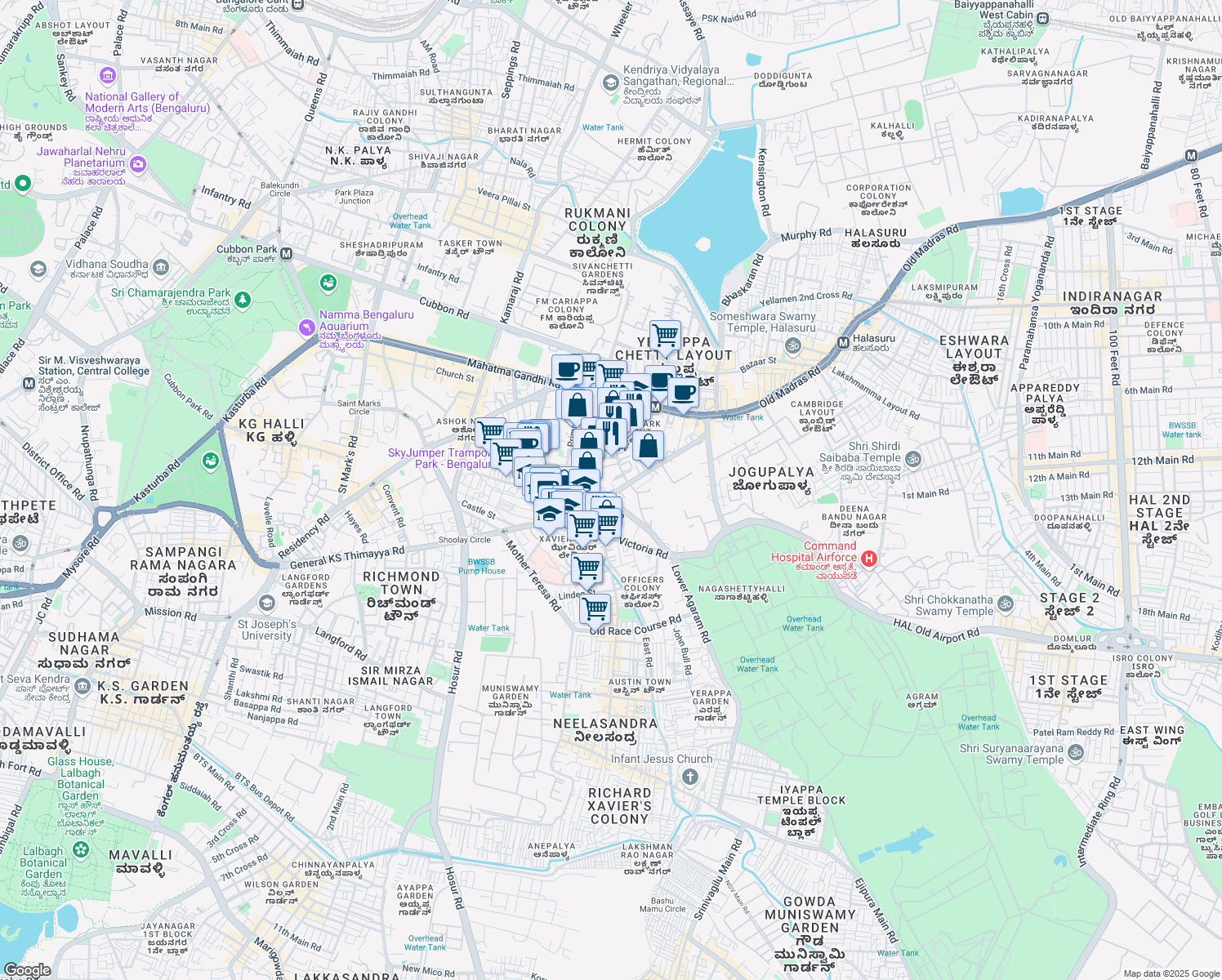 map of restaurants, bars, coffee shops, grocery stores, and more near 46 Richmond Road in Bengaluru