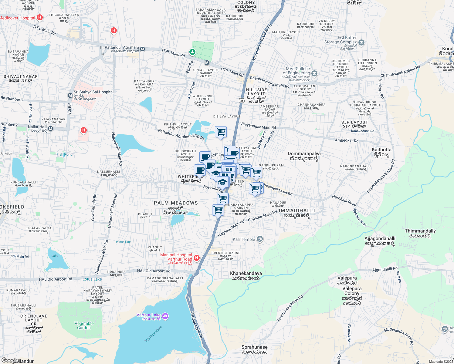 map of restaurants, bars, coffee shops, grocery stores, and more near 78 Whitefield Main Road in Bengaluru