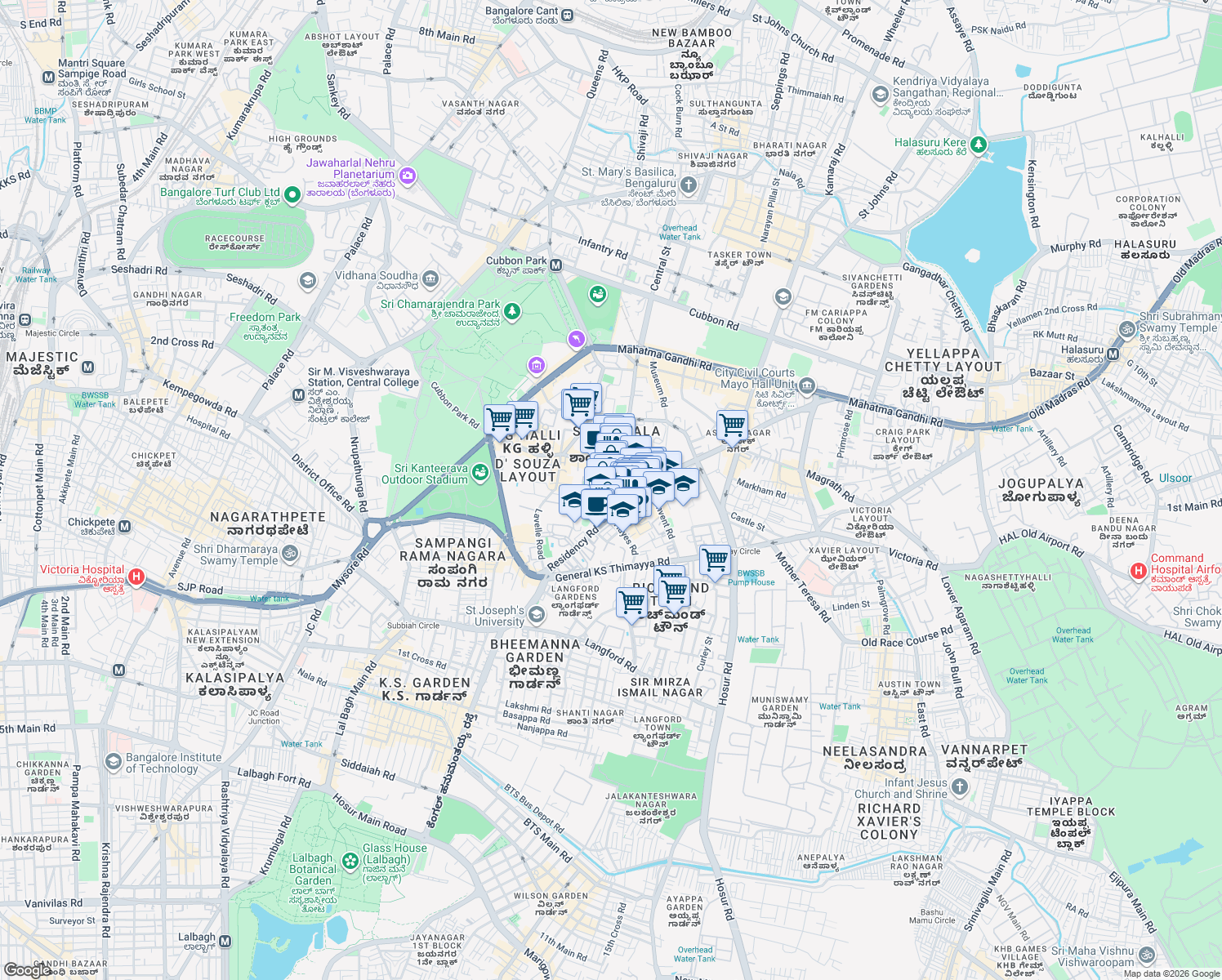 map of restaurants, bars, coffee shops, grocery stores, and more near Saint Mark's Road in Bengaluru