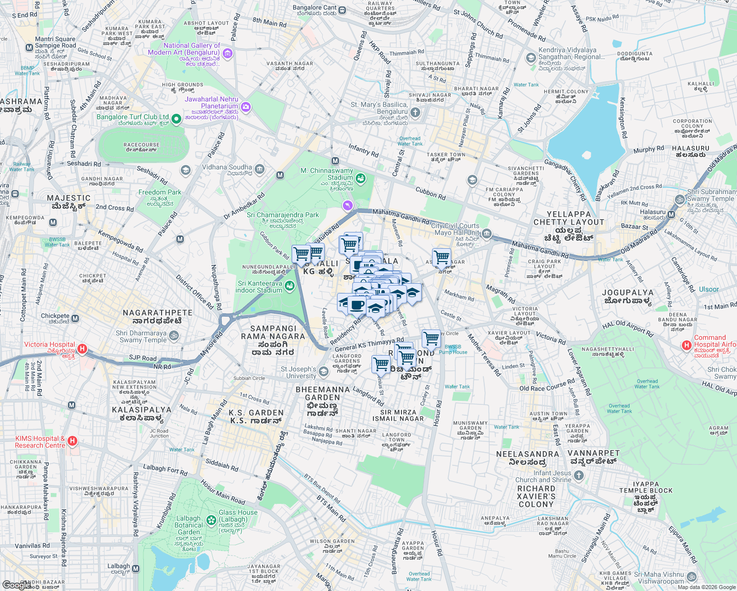 map of restaurants, bars, coffee shops, grocery stores, and more near Saint Mark's Road in Bengaluru