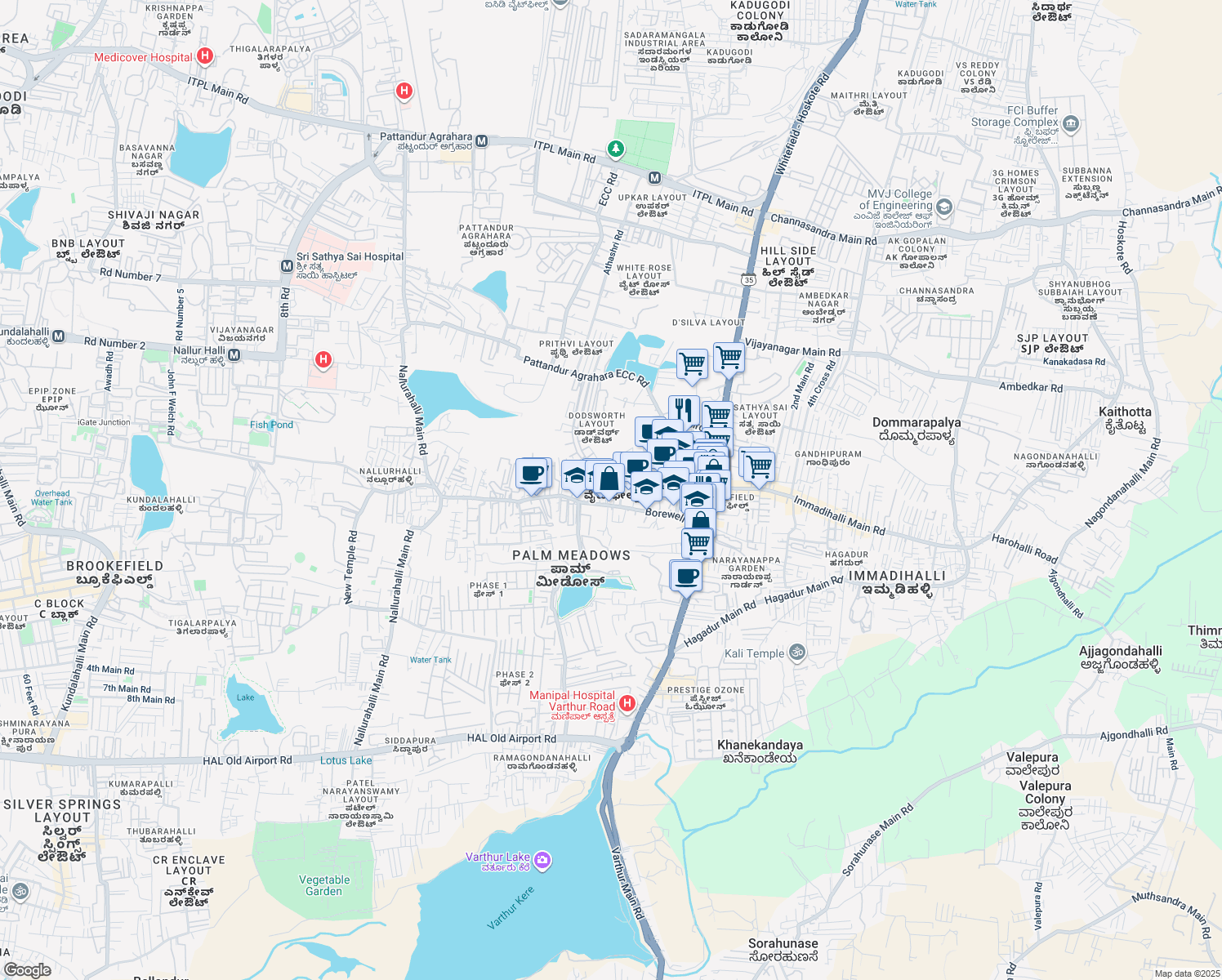 map of restaurants, bars, coffee shops, grocery stores, and more near 78 Whitefield Main Road in Bengaluru