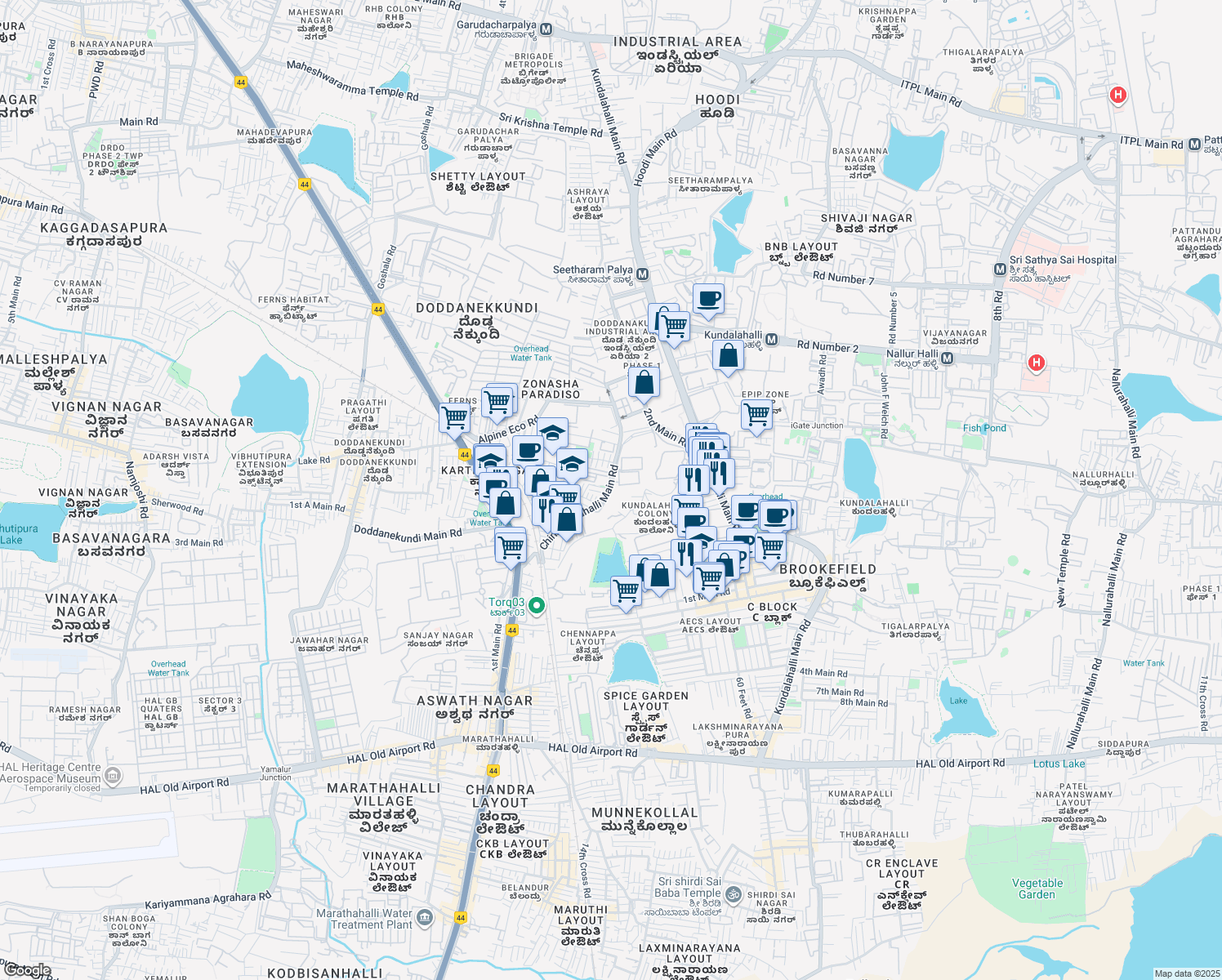 map of restaurants, bars, coffee shops, grocery stores, and more near in Bengaluru