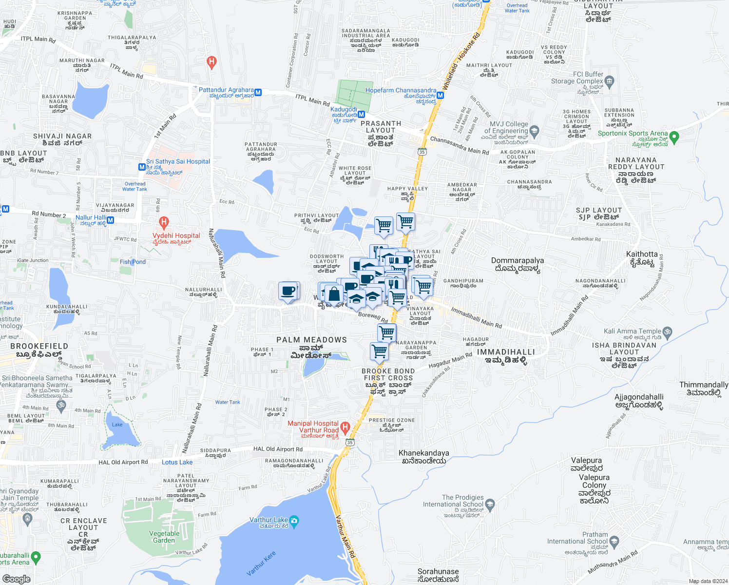 map of restaurants, bars, coffee shops, grocery stores, and more near Outer Circle in Bengaluru