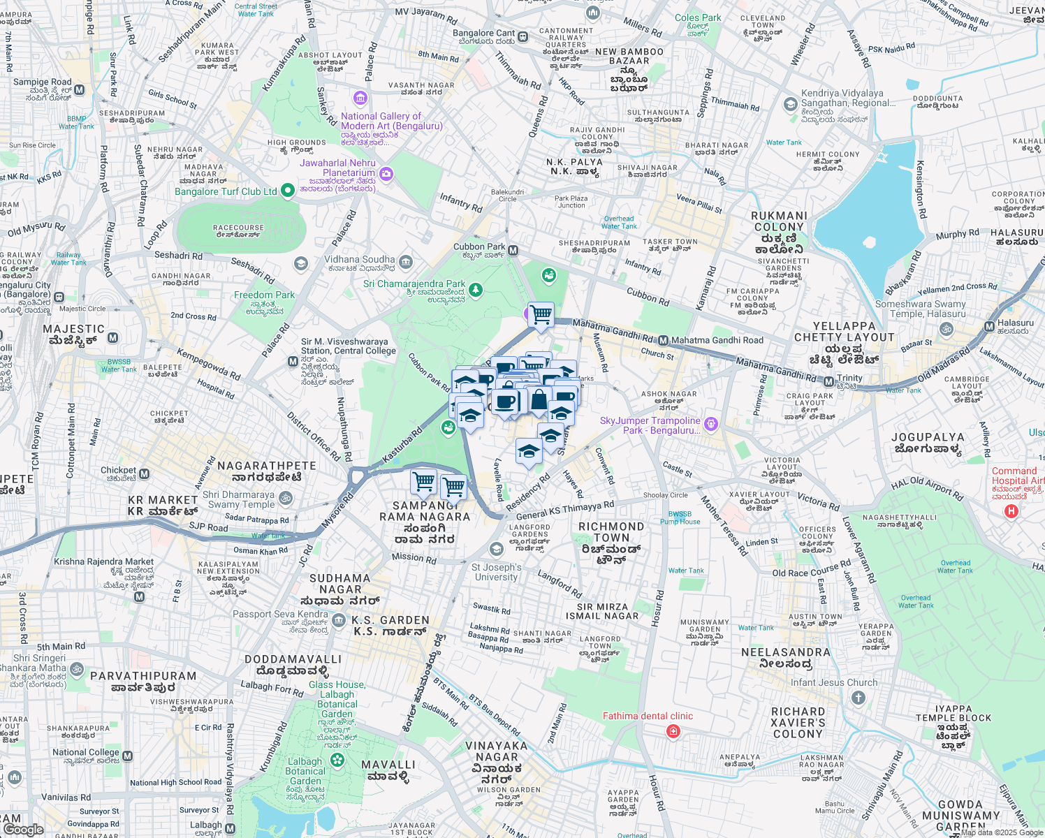 map of restaurants, bars, coffee shops, grocery stores, and more near Vittal Mallya Road in Bengaluru