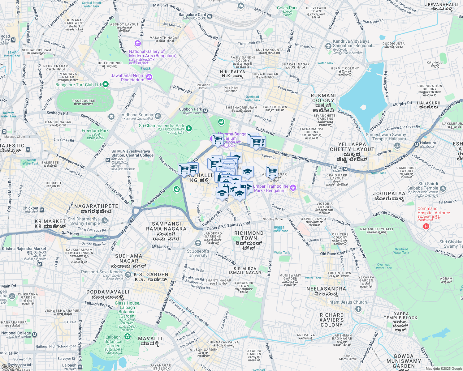 map of restaurants, bars, coffee shops, grocery stores, and more near Saint Mark's Road in Bengaluru