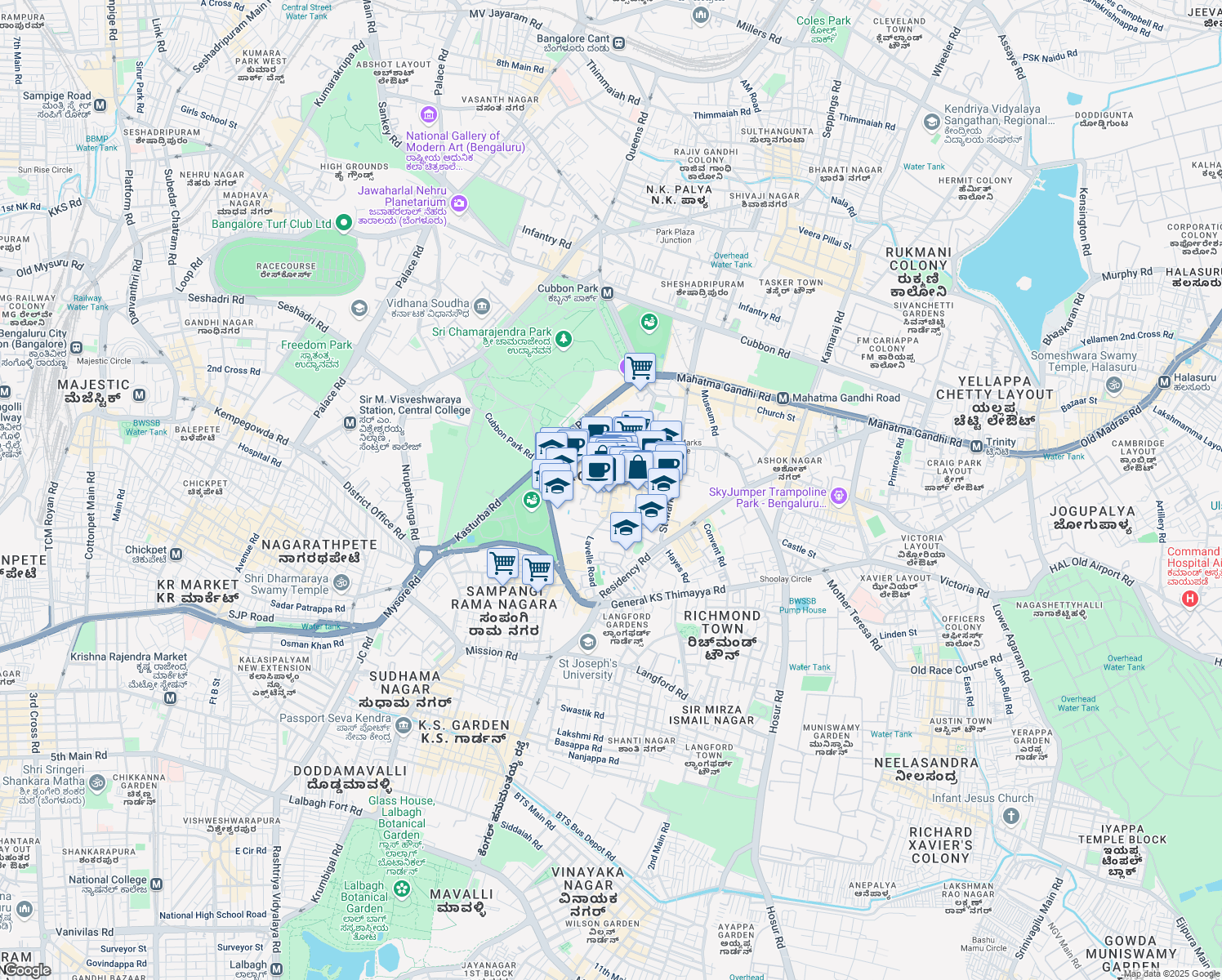 map of restaurants, bars, coffee shops, grocery stores, and more near Lavelle Road in Bangalore