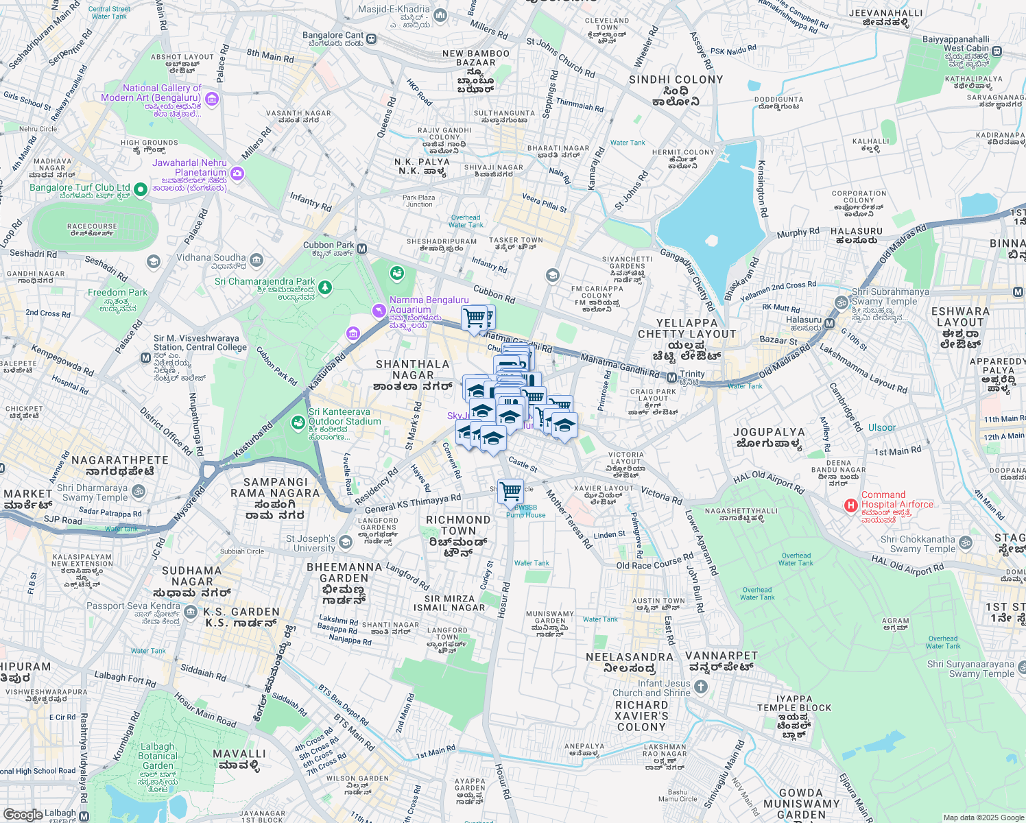 map of restaurants, bars, coffee shops, grocery stores, and more near Brigade Road in Bengaluru