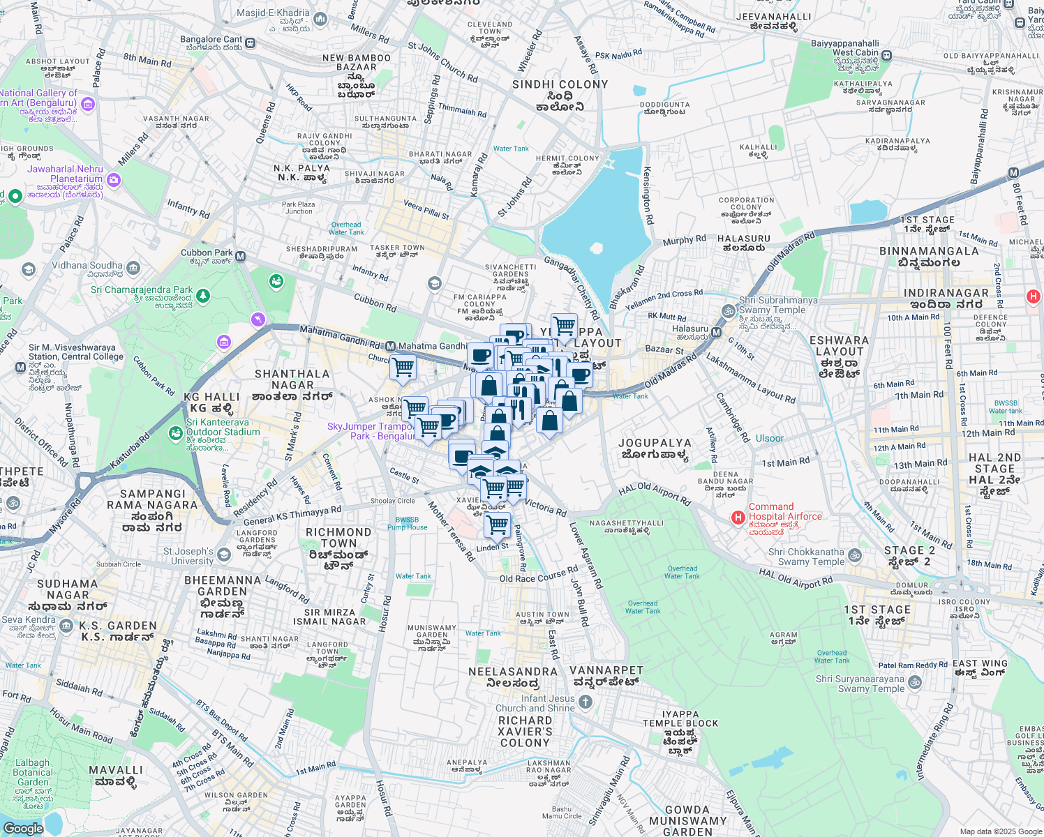 map of restaurants, bars, coffee shops, grocery stores, and more near Brunton Road in Bengaluru