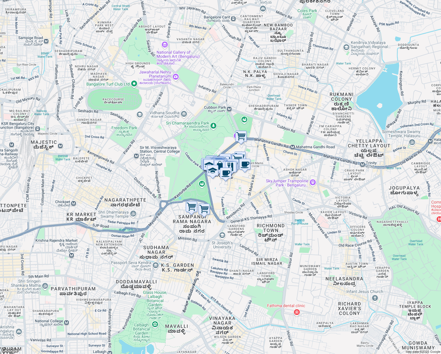 map of restaurants, bars, coffee shops, grocery stores, and more near Vittal Mallya Road in Bengaluru