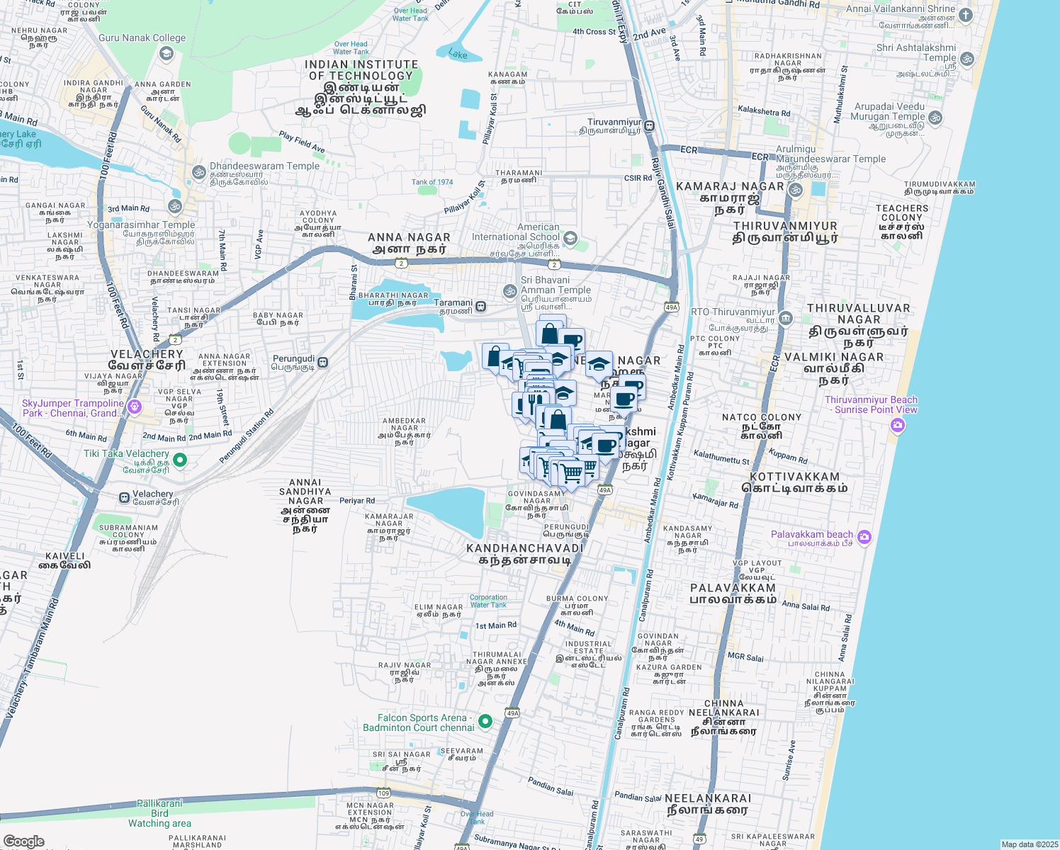 map of restaurants, bars, coffee shops, grocery stores, and more near 143 MGR Main Road in Chennai