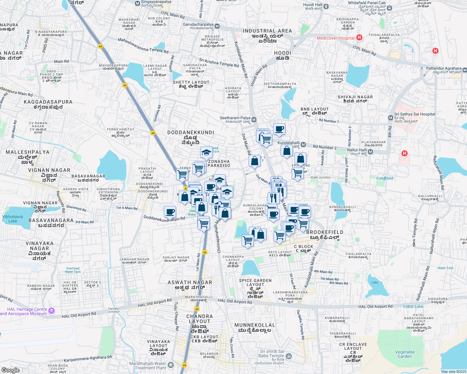 map of restaurants, bars, coffee shops, grocery stores, and more near 49 10th Cross Road in Bengaluru