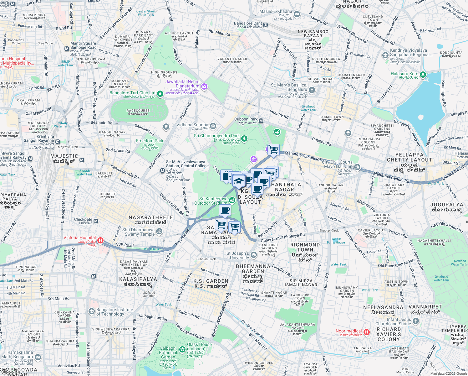 map of restaurants, bars, coffee shops, grocery stores, and more near Kasturba Road in Bengaluru