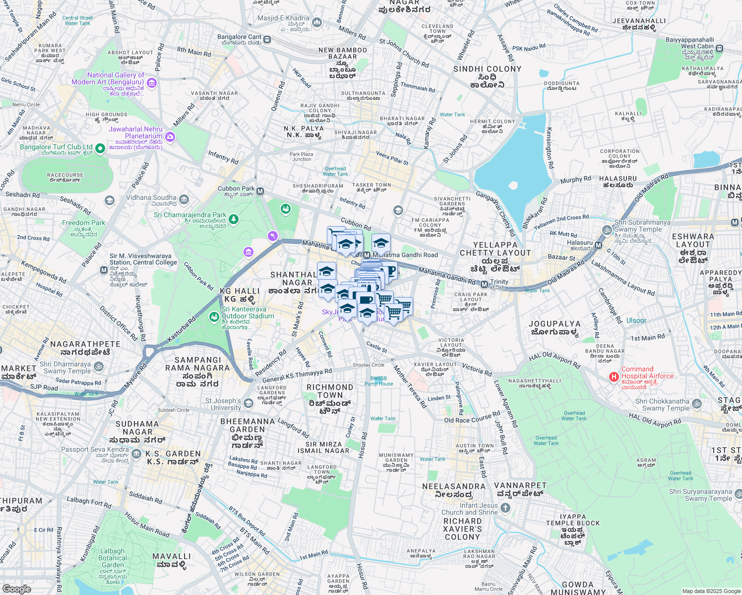 map of restaurants, bars, coffee shops, grocery stores, and more near Brigade Road in Bengaluru