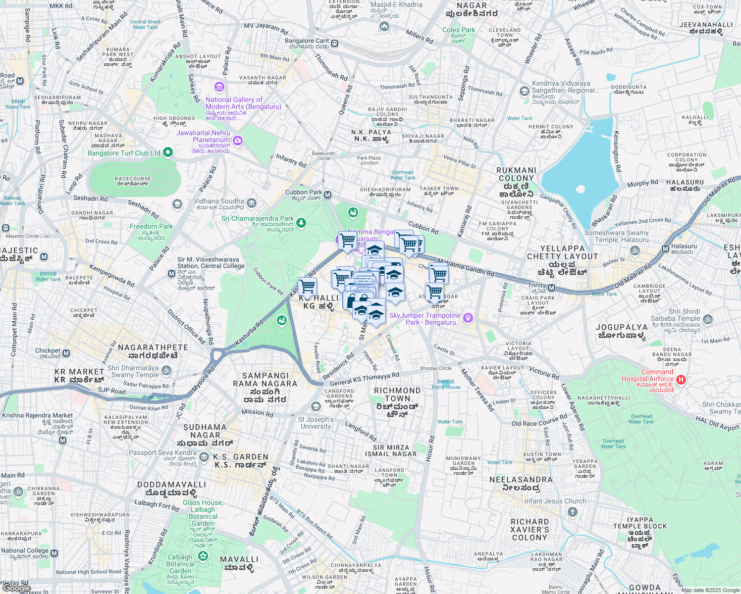 map of restaurants, bars, coffee shops, grocery stores, and more near Saint Mark's Road in Bengaluru