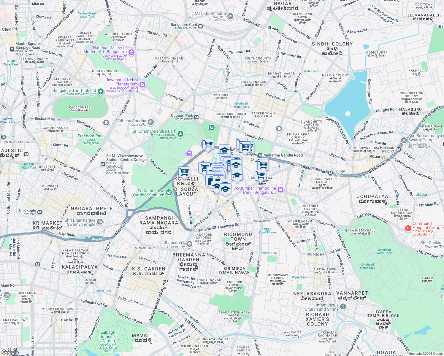 map of restaurants, bars, coffee shops, grocery stores, and more near Saint Mark's Road in Bengaluru