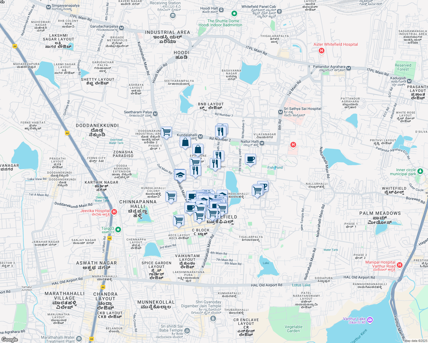 map of restaurants, bars, coffee shops, grocery stores, and more near EPIP Zone Whitefield Road in Bengaluru