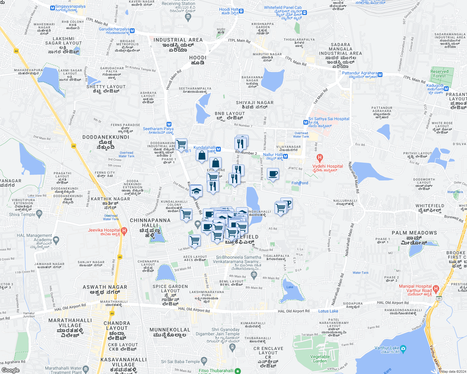 map of restaurants, bars, coffee shops, grocery stores, and more near EPIP Zone Whitefield Road in Bengaluru