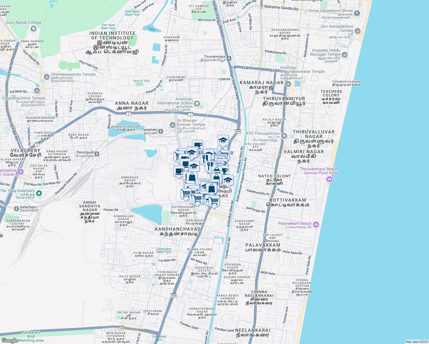 map of restaurants, bars, coffee shops, grocery stores, and more near 23 Nehru Nagar 2nd Main Road in Chennai