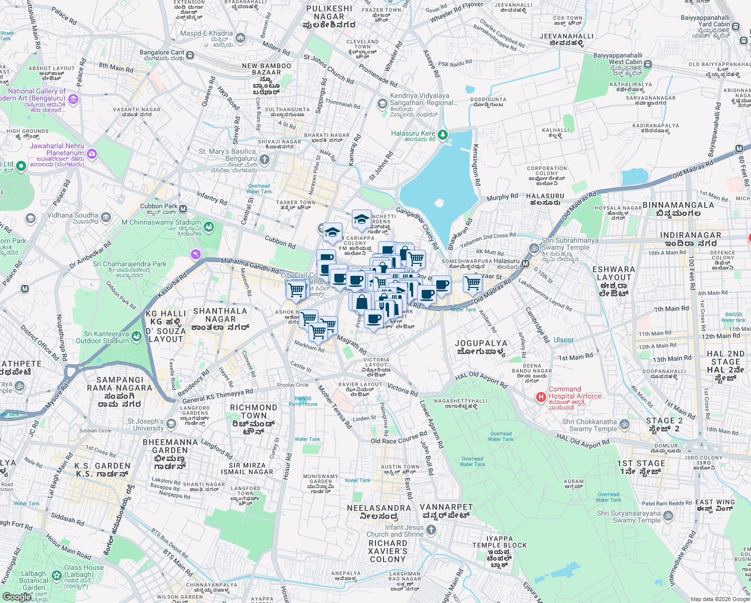 map of restaurants, bars, coffee shops, grocery stores, and more near 26/27 Mahatma Gandhi Road in Bengaluru