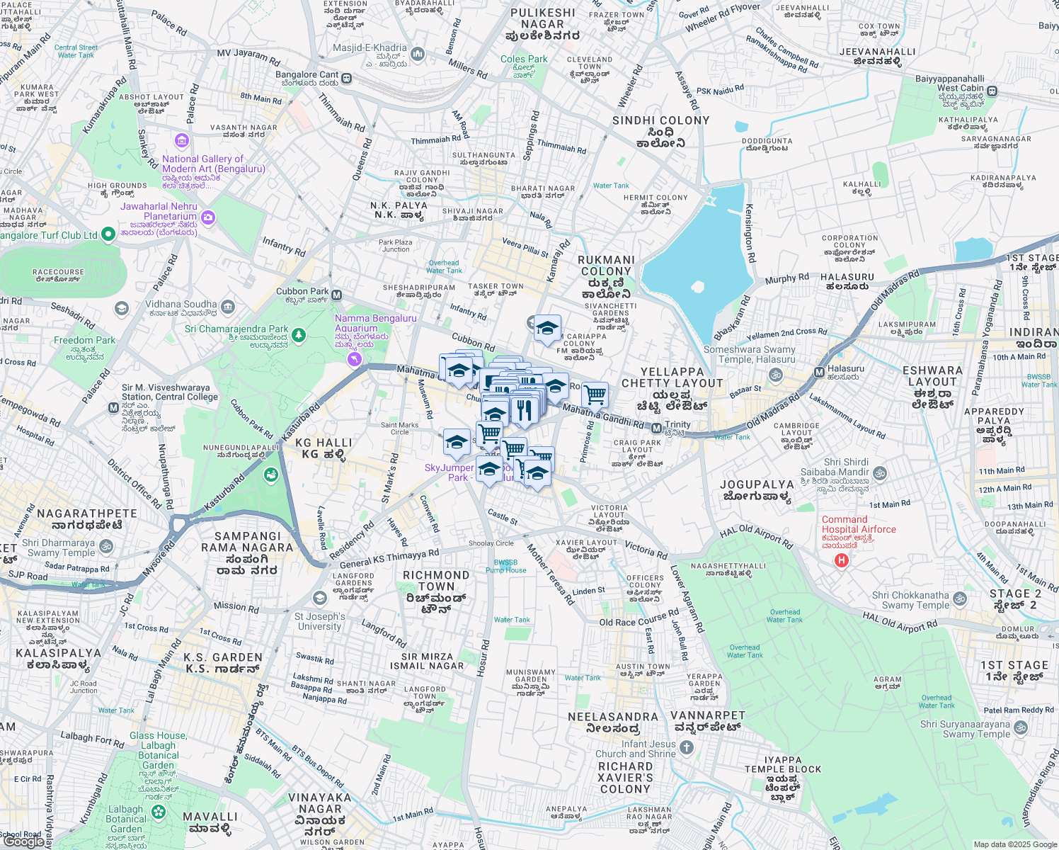 map of restaurants, bars, coffee shops, grocery stores, and more near 44-1 Residency Road in Bengaluru