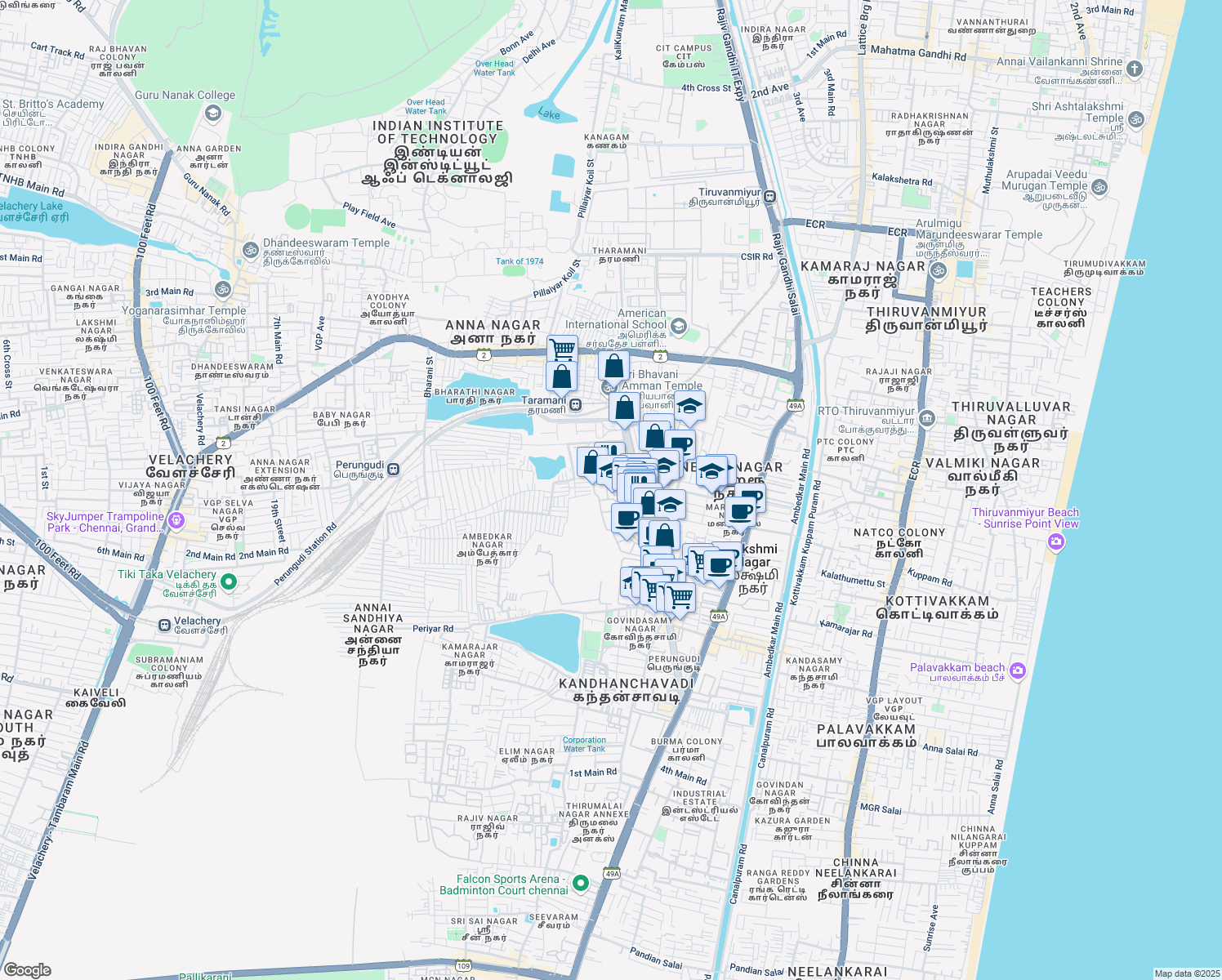 map of restaurants, bars, coffee shops, grocery stores, and more near 143 MGR Main Road in Chennai