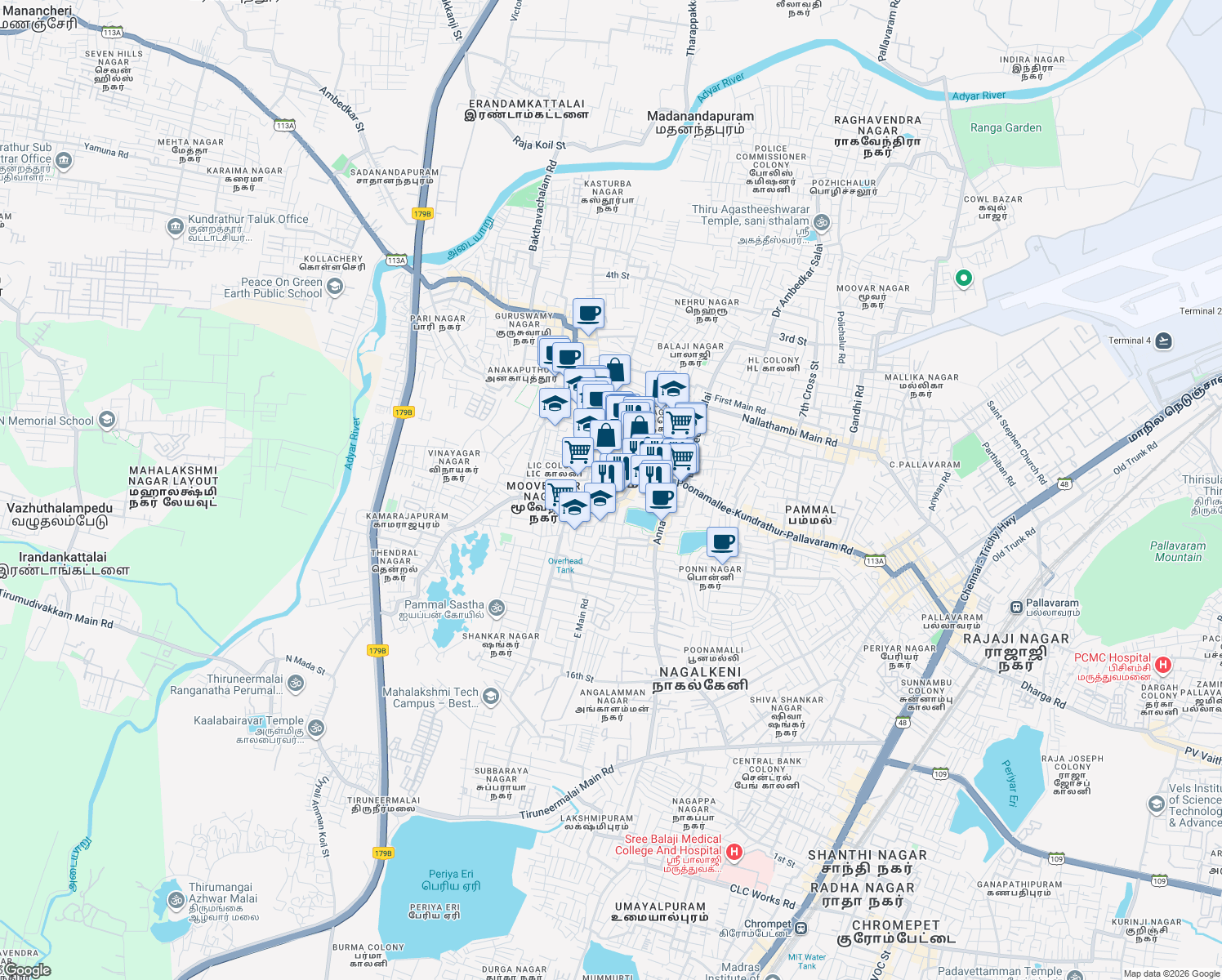map of restaurants, bars, coffee shops, grocery stores, and more near 1st Cross Street in Chennai