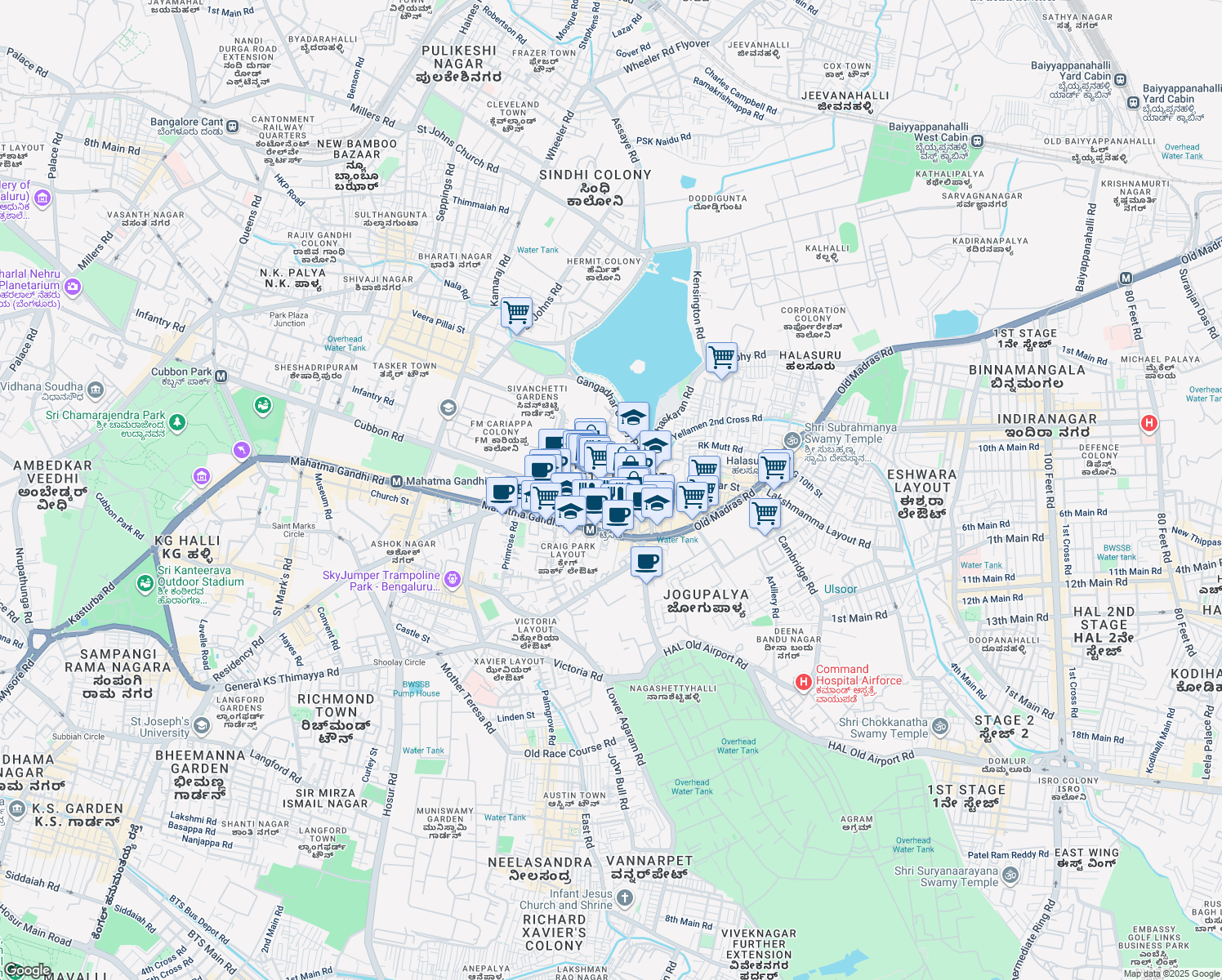 map of restaurants, bars, coffee shops, grocery stores, and more near Halasuru Road in Bengaluru