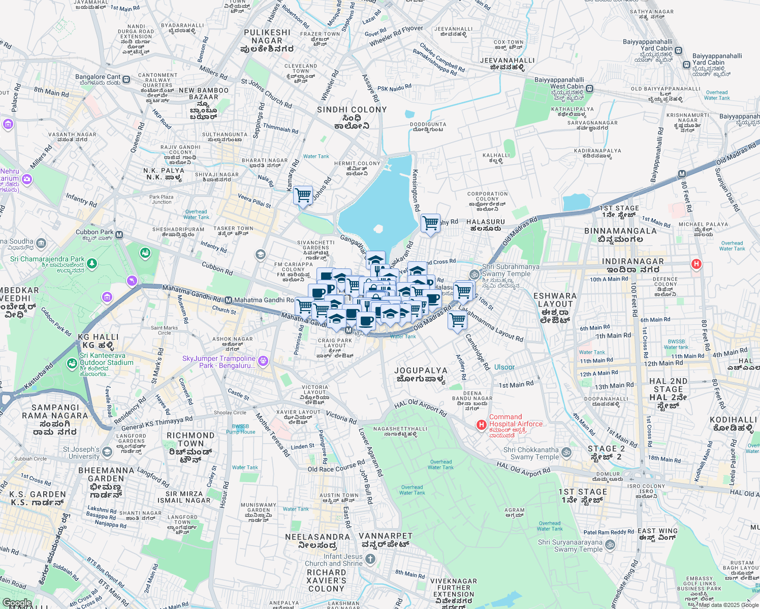map of restaurants, bars, coffee shops, grocery stores, and more near Halasuru Road in Bengaluru