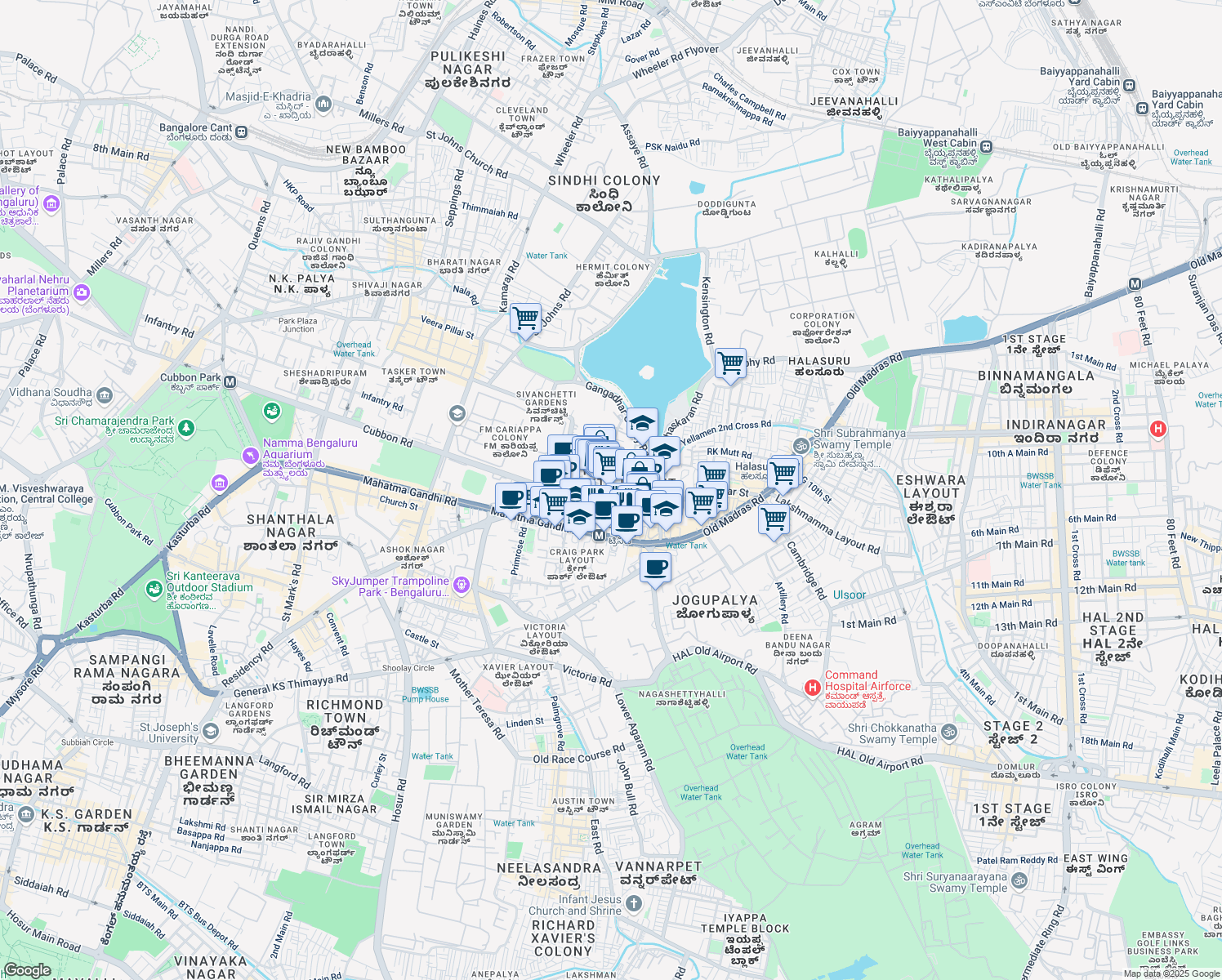 map of restaurants, bars, coffee shops, grocery stores, and more near Ulsoor Road in Bengaluru