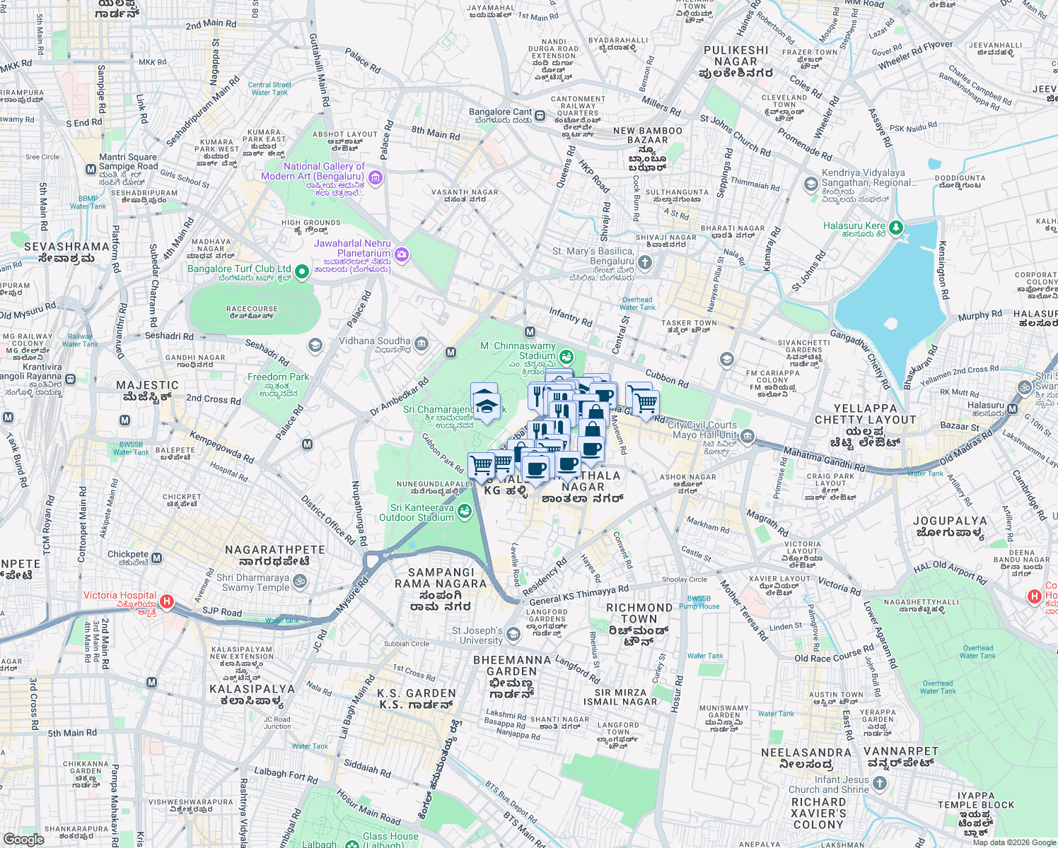 map of restaurants, bars, coffee shops, grocery stores, and more near Kasturba Road in Bengaluru