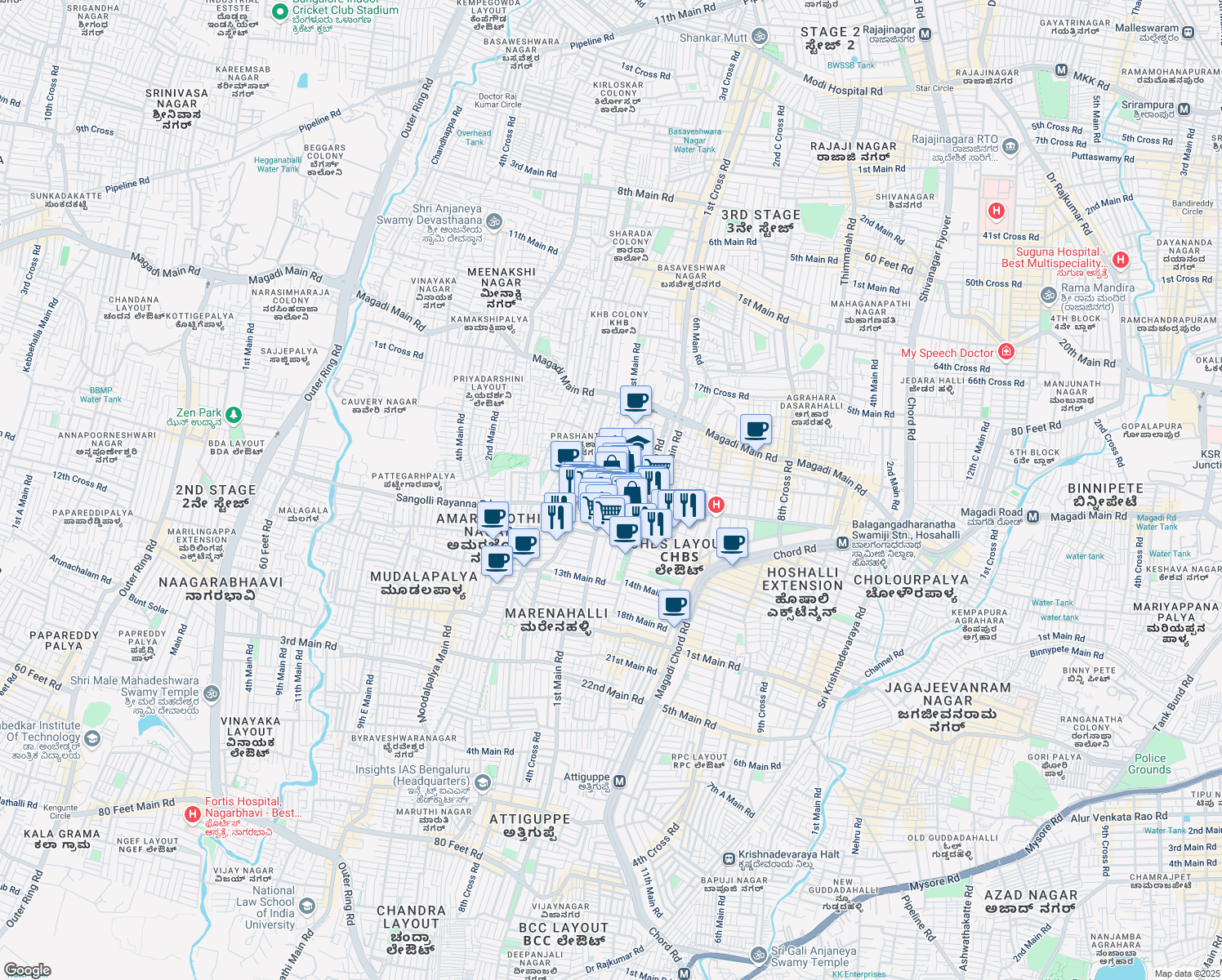 map of restaurants, bars, coffee shops, grocery stores, and more near 10th Cross Road in Bengaluru