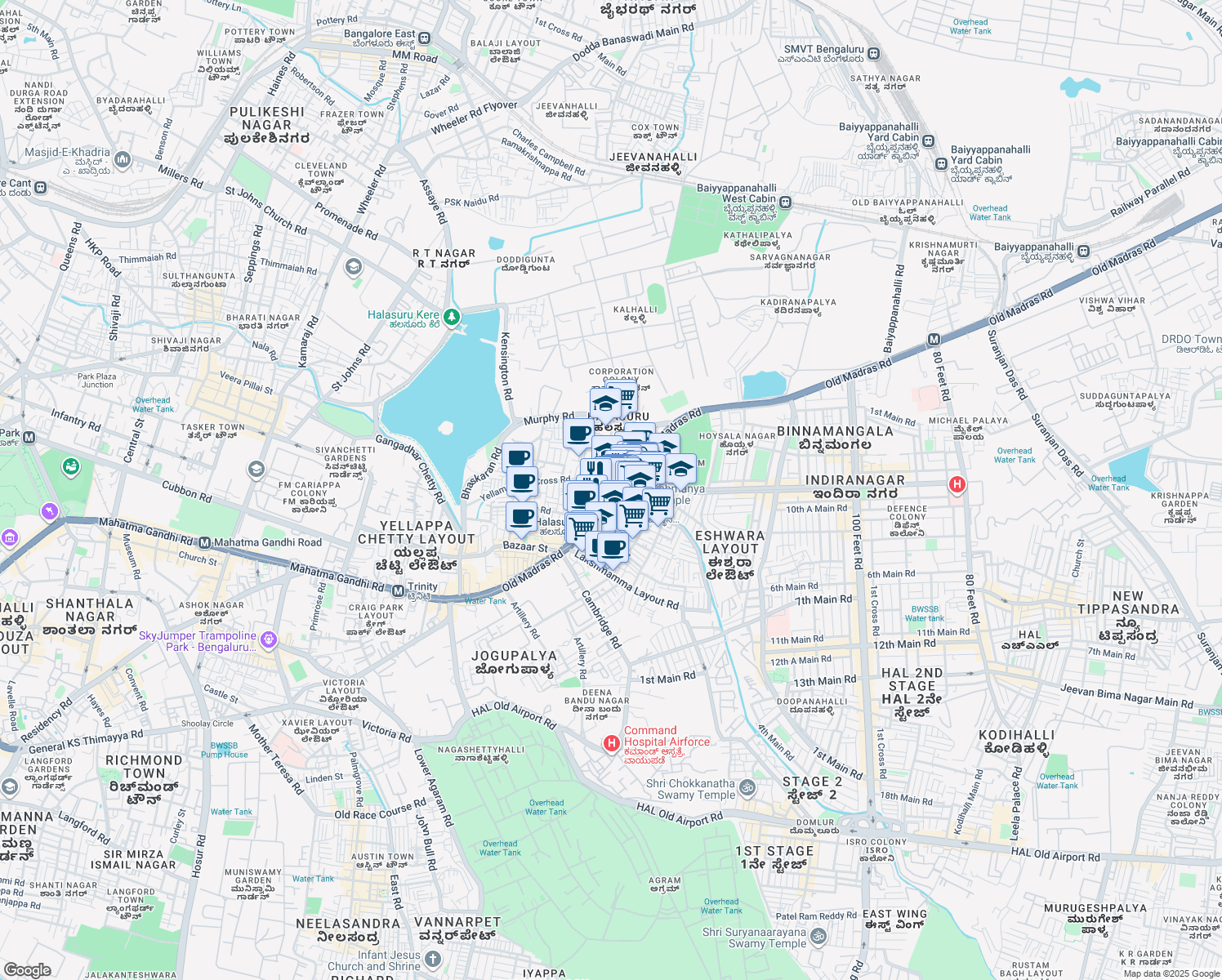 map of restaurants, bars, coffee shops, grocery stores, and more near 3 Old Madras Road in Bengaluru