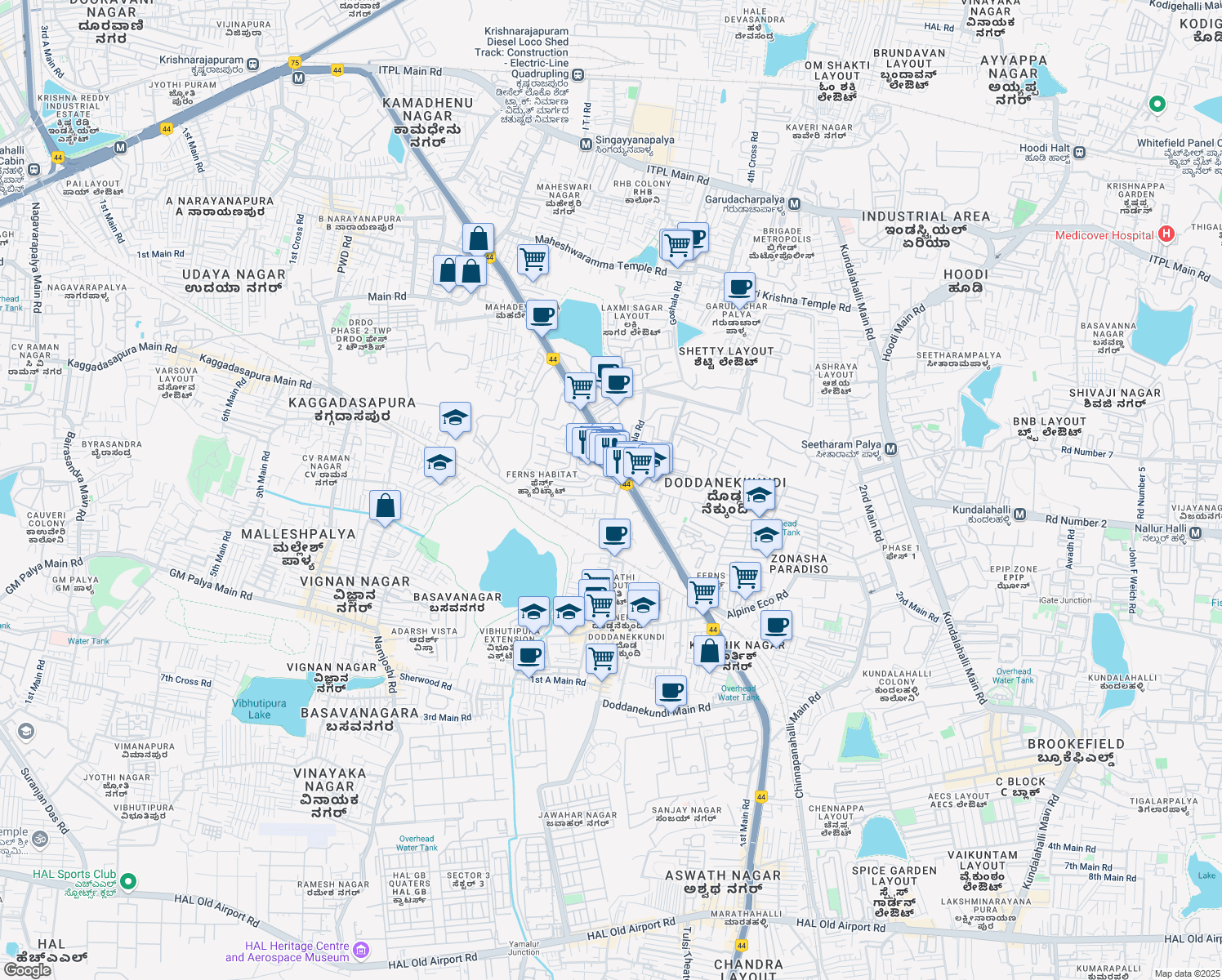 map of restaurants, bars, coffee shops, grocery stores, and more near 2 Marathahalli Outer Ring Road in Bengaluru