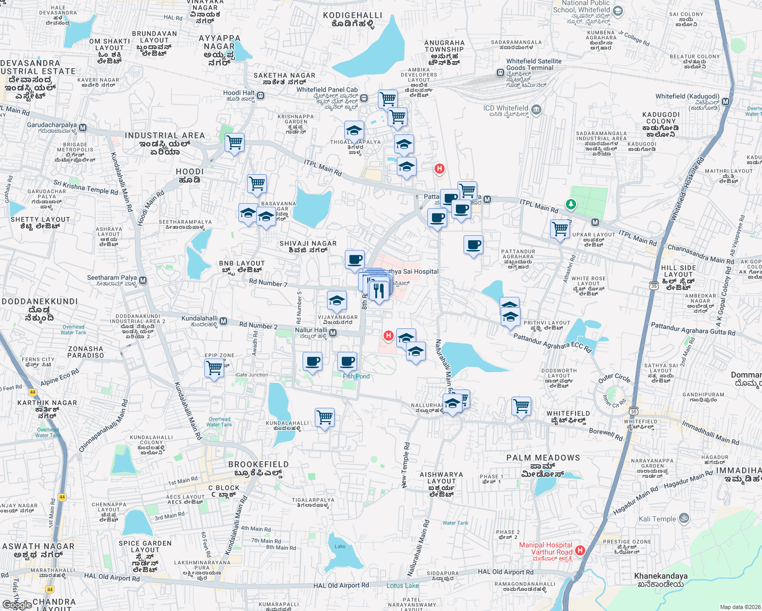 map of restaurants, bars, coffee shops, grocery stores, and more near 75 8th Road in Bengaluru