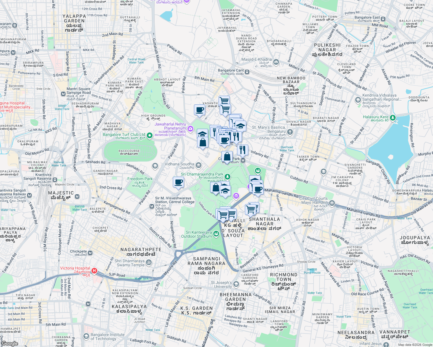map of restaurants, bars, coffee shops, grocery stores, and more near Kasturba Road in Bengaluru