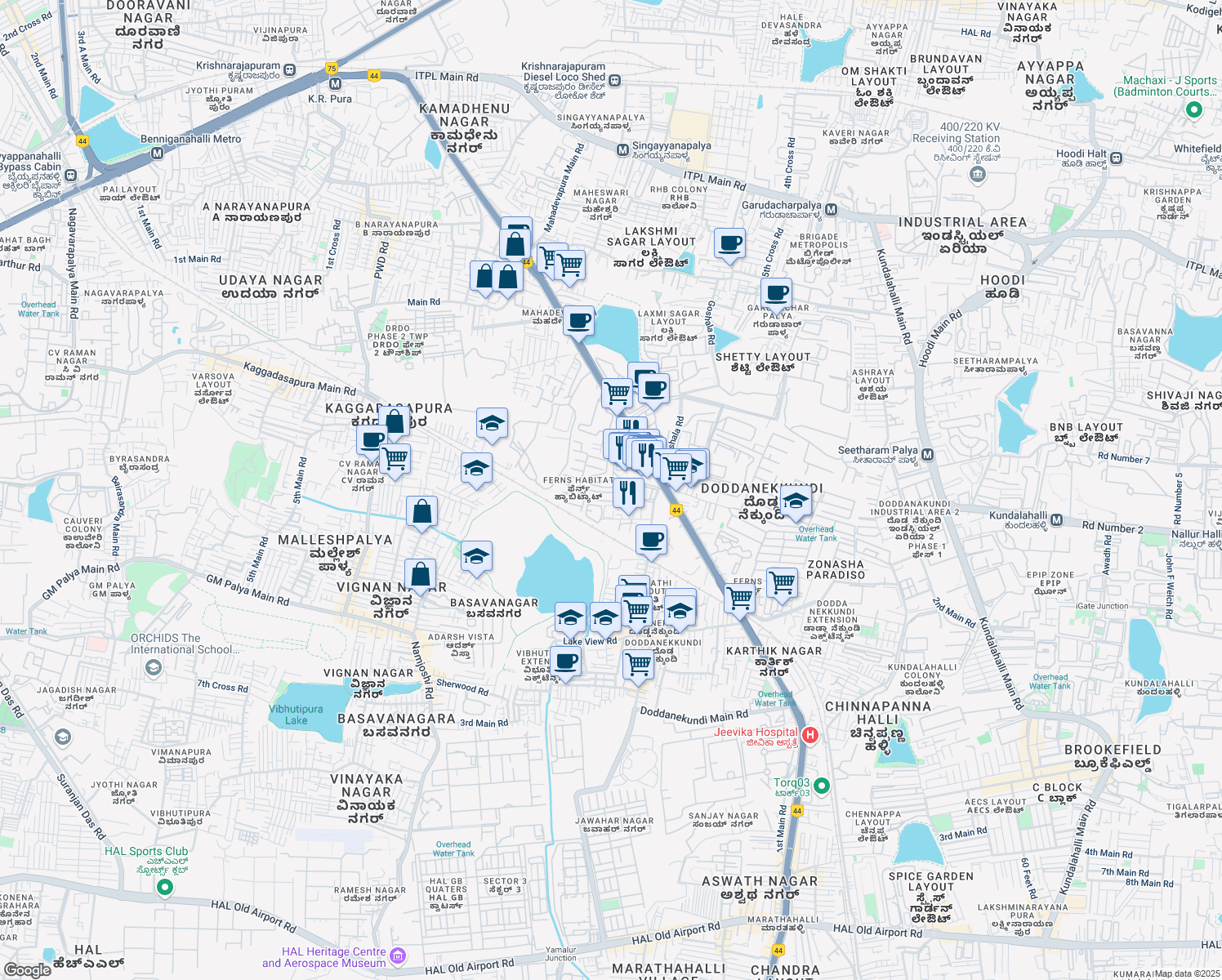 map of restaurants, bars, coffee shops, grocery stores, and more near 6 Ferns Habitat Main Road in Bengaluru