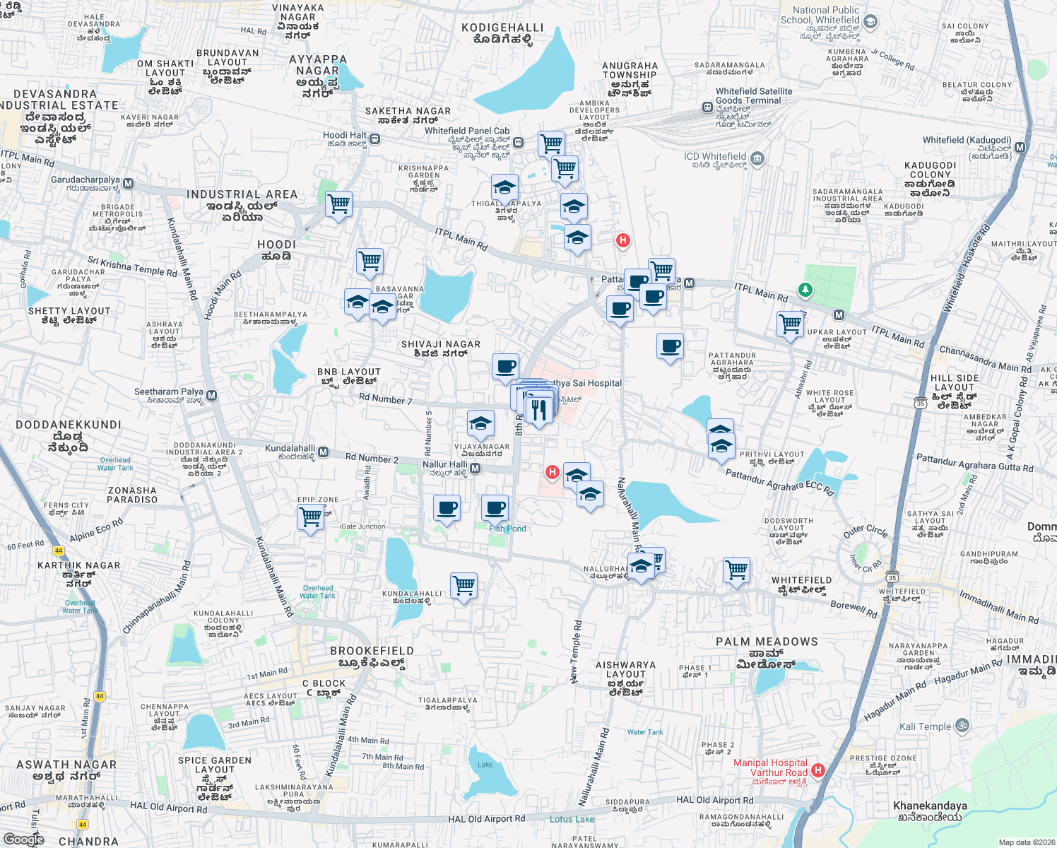 map of restaurants, bars, coffee shops, grocery stores, and more near 75 8th Road in Bengaluru