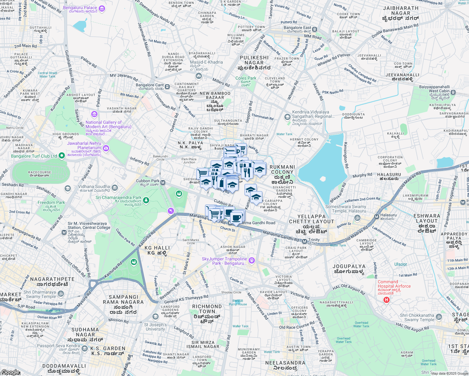 map of restaurants, bars, coffee shops, grocery stores, and more near No. 1 Main Guard Cross Road in Bengaluru