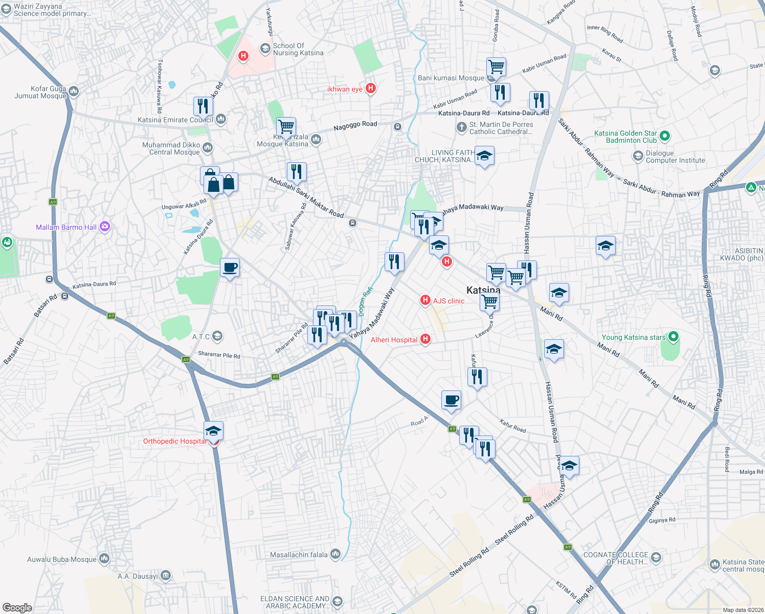 map of restaurants, bars, coffee shops, grocery stores, and more near Yahaya Madawaki Way in Katsina