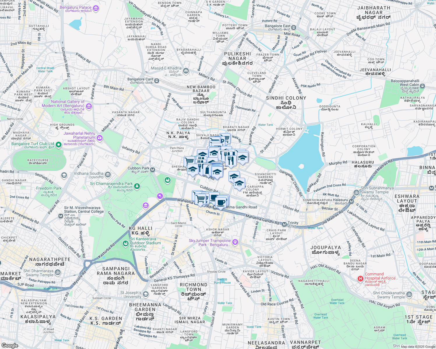 map of restaurants, bars, coffee shops, grocery stores, and more near No. 1 Main Guard Cross Road in Bengaluru