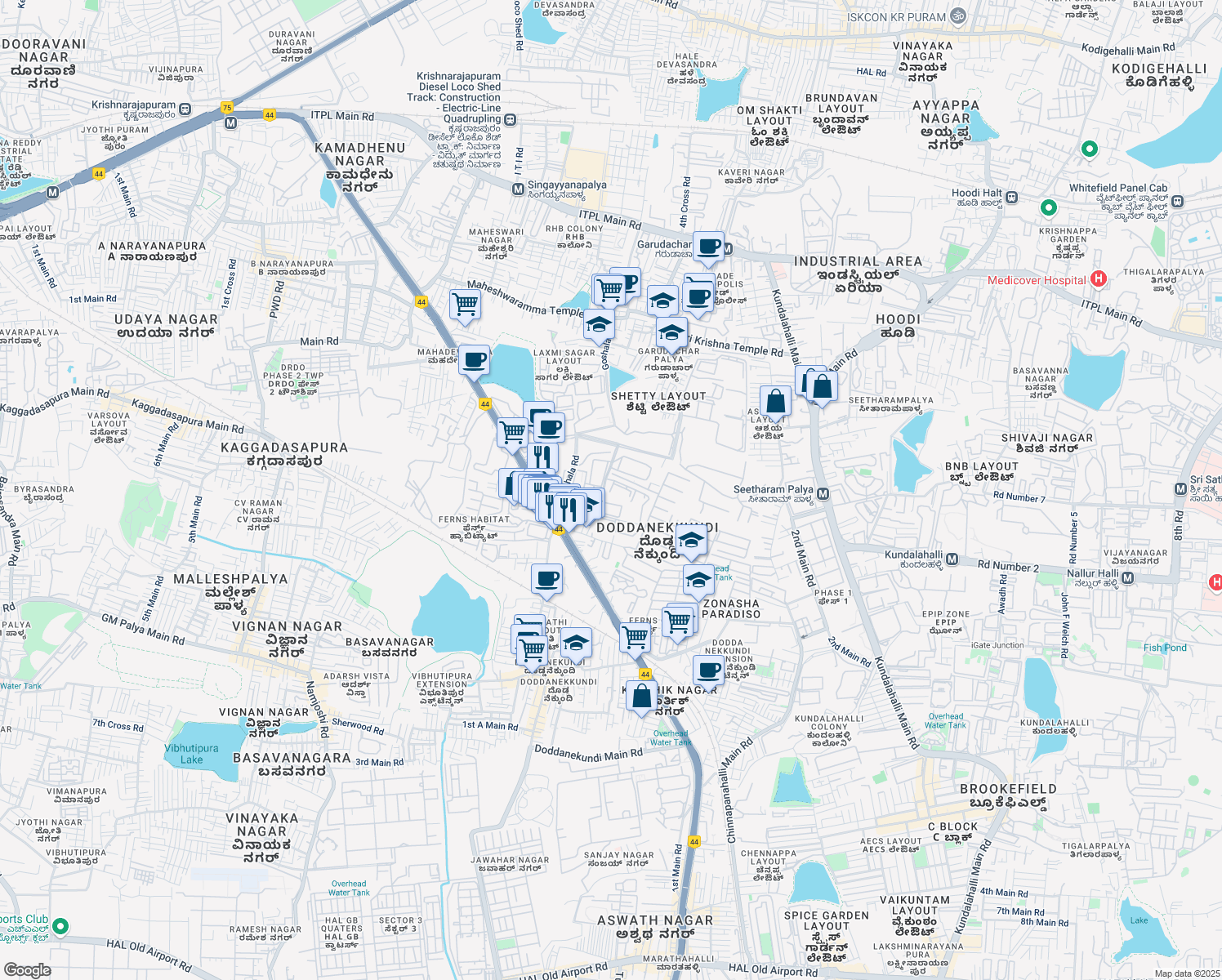 map of restaurants, bars, coffee shops, grocery stores, and more near in Bengaluru