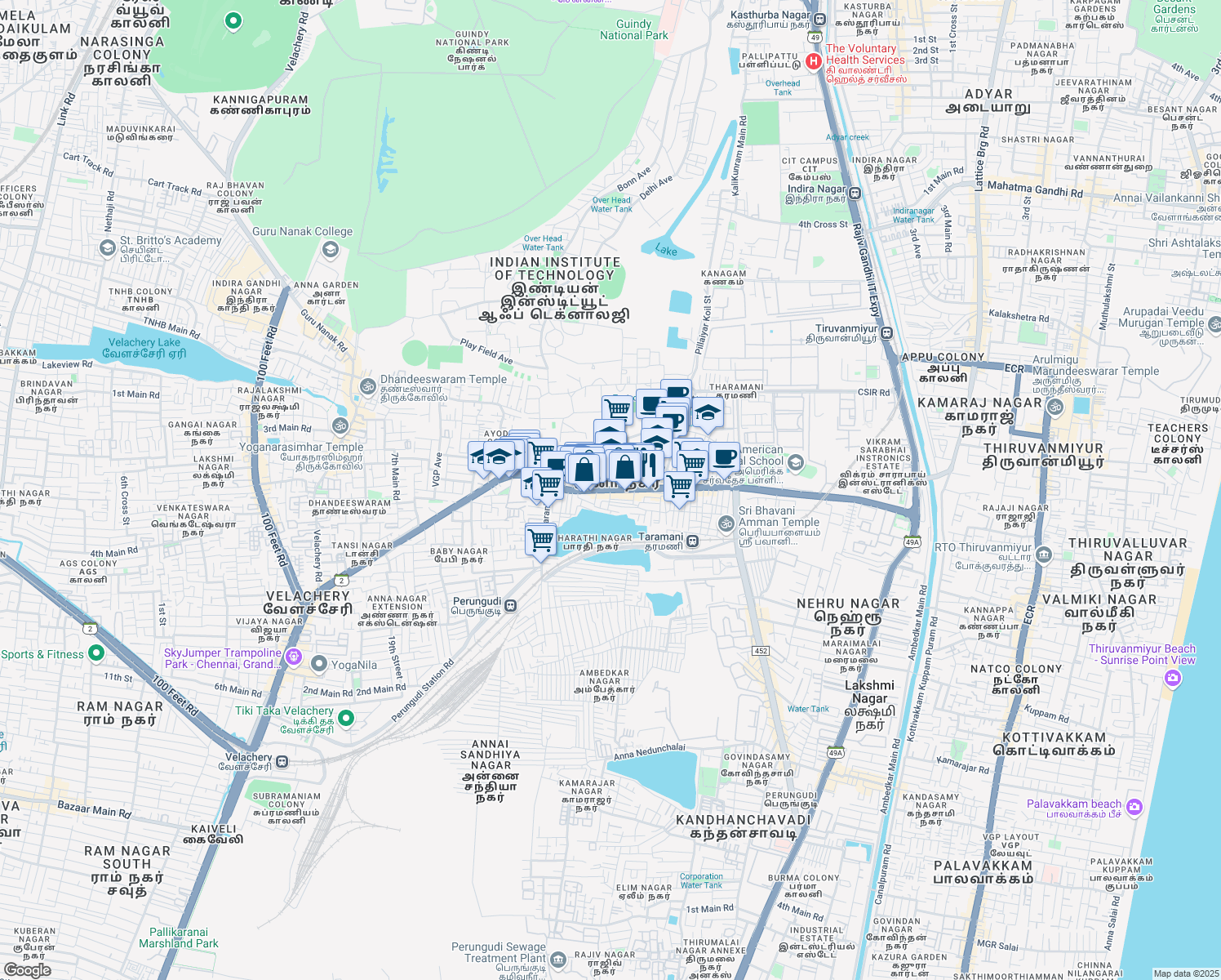 map of restaurants, bars, coffee shops, grocery stores, and more near Taramani Link Road in Chennai