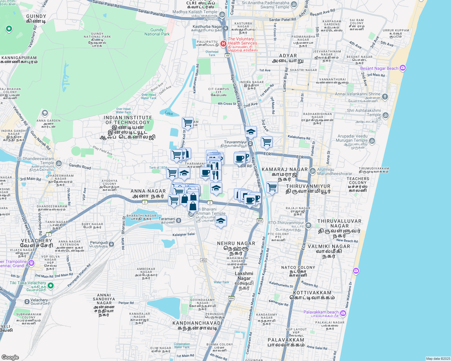 map of restaurants, bars, coffee shops, grocery stores, and more near in Chennai