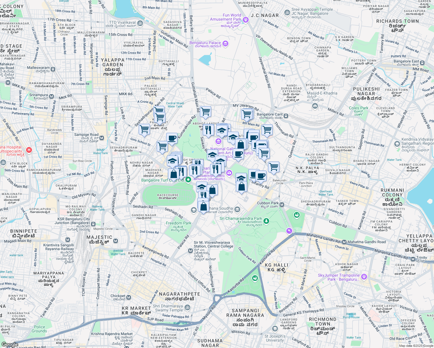 map of restaurants, bars, coffee shops, grocery stores, and more near 45/1 Palace Road in Bengaluru