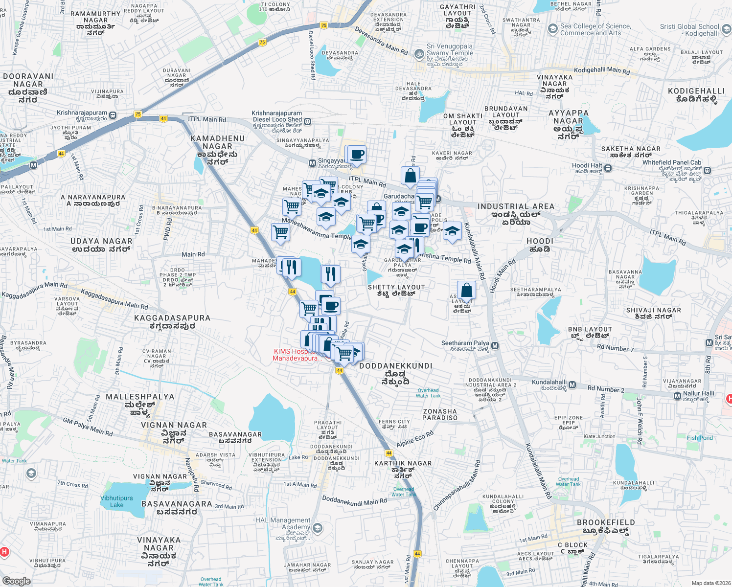 map of restaurants, bars, coffee shops, grocery stores, and more near 2 Goshala Road in Bengaluru