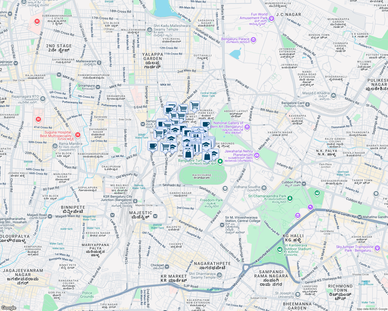 map of restaurants, bars, coffee shops, grocery stores, and more near 19/2 Kumarakrupa Road in Bengaluru