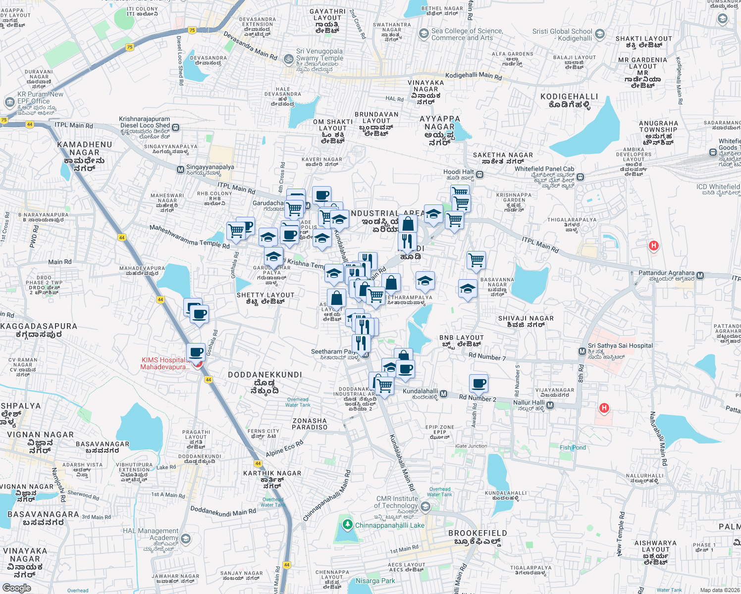 map of restaurants, bars, coffee shops, grocery stores, and more near Seetharampalya - Hoodi Road in Bengaluru
