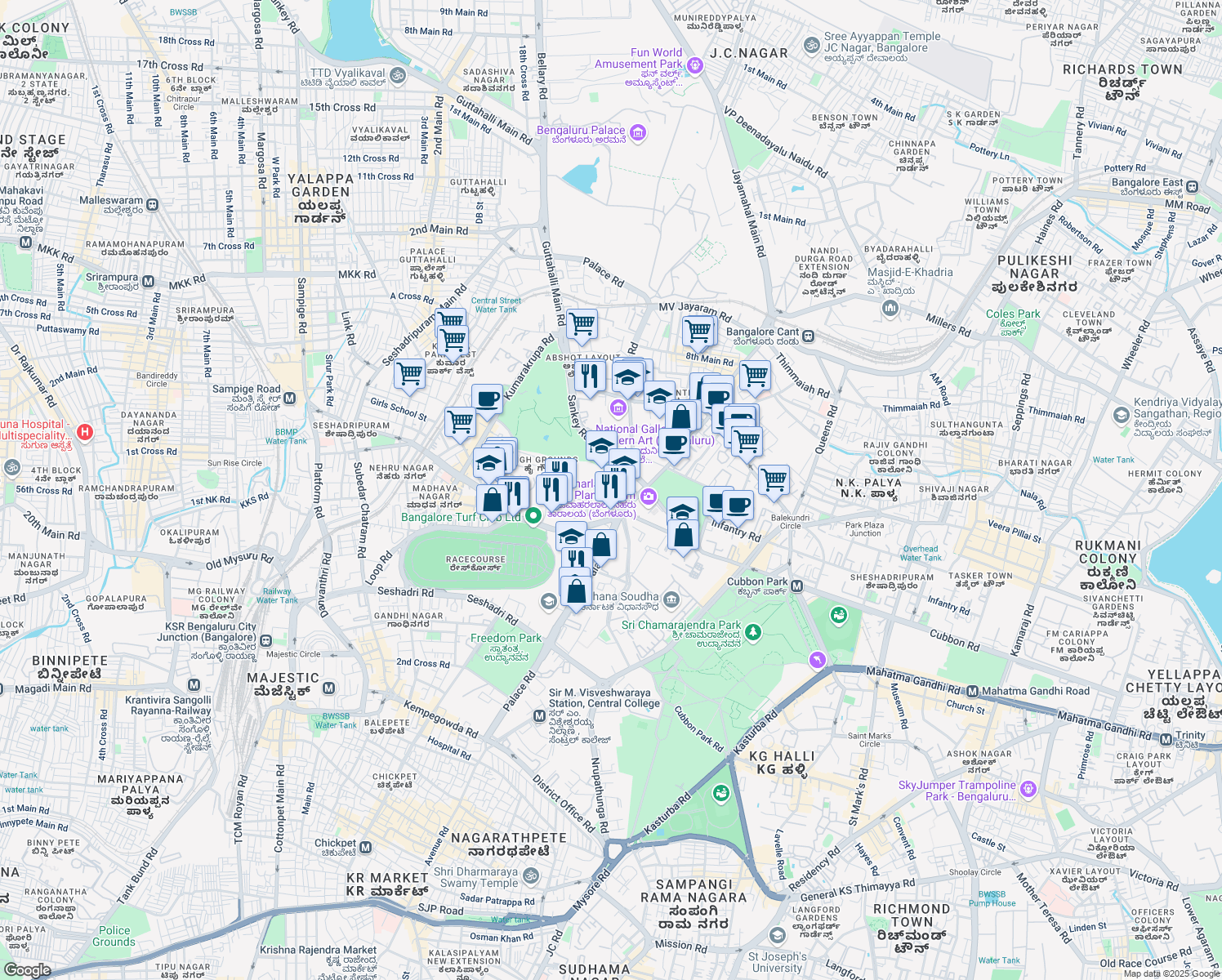 map of restaurants, bars, coffee shops, grocery stores, and more near 45/1 Palace Road in Bengaluru